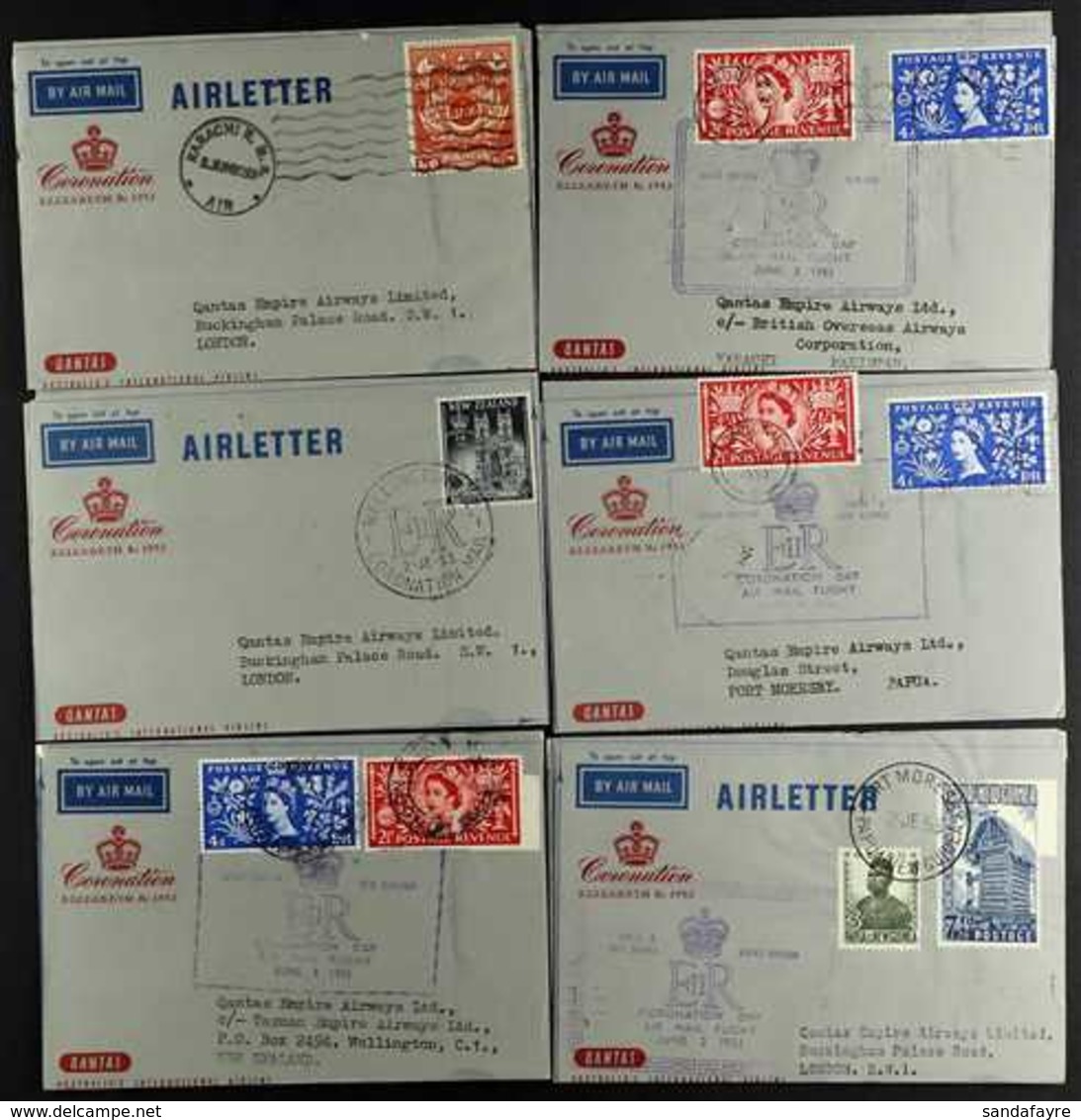 ROYALTY 1953 QANTAS CORONATION DAY AIR LETTERS group Of Six Printed Air Letters Bearing Various Stamps, Three To London  - Sin Clasificación