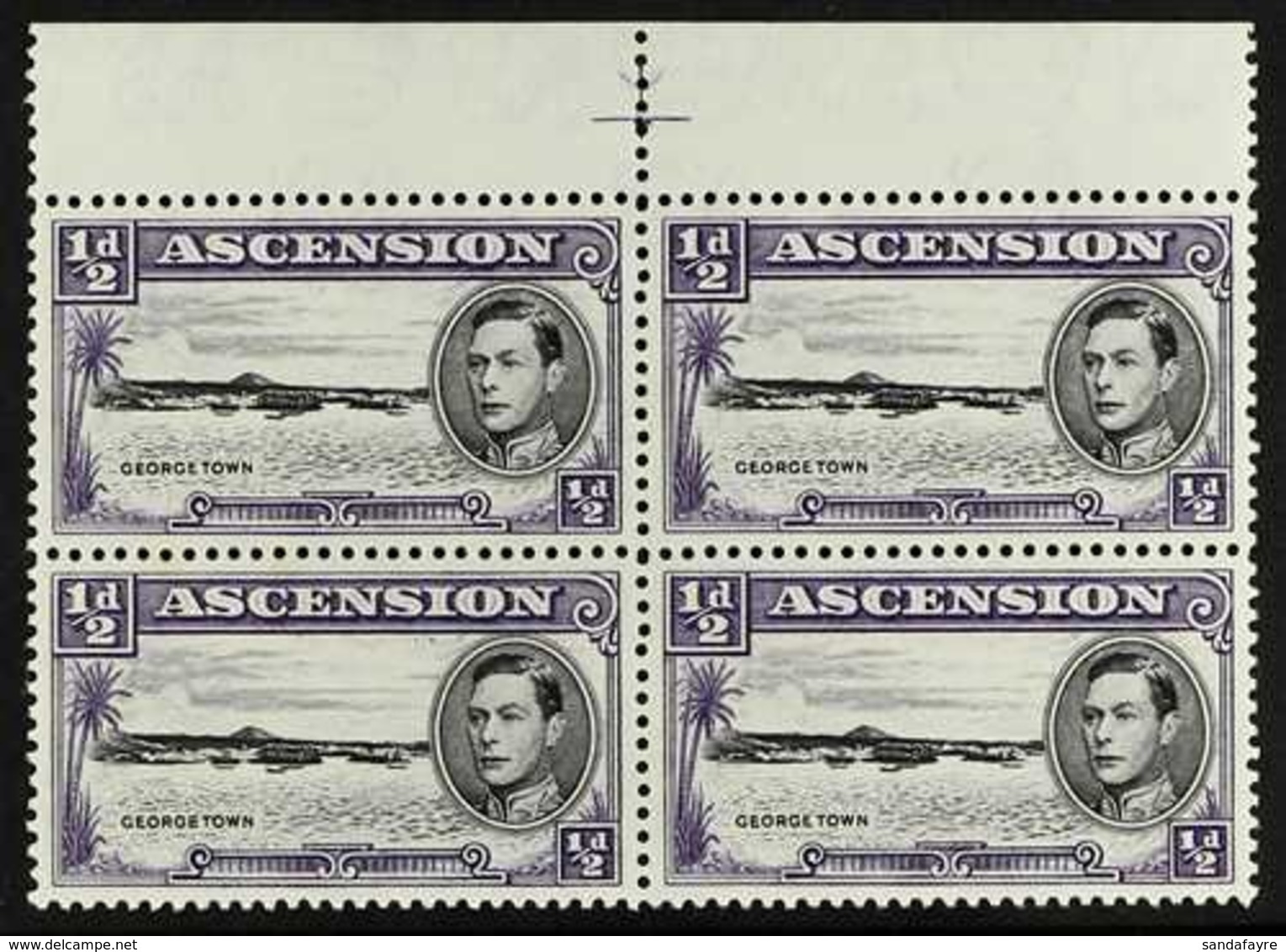 1944 ½d Black And Bluish Violet, Upper Marginal "cross" Block Of Four, One Showing Long Centre Bar To "E", SG 38ba, Neve - Ascension (Ile De L')