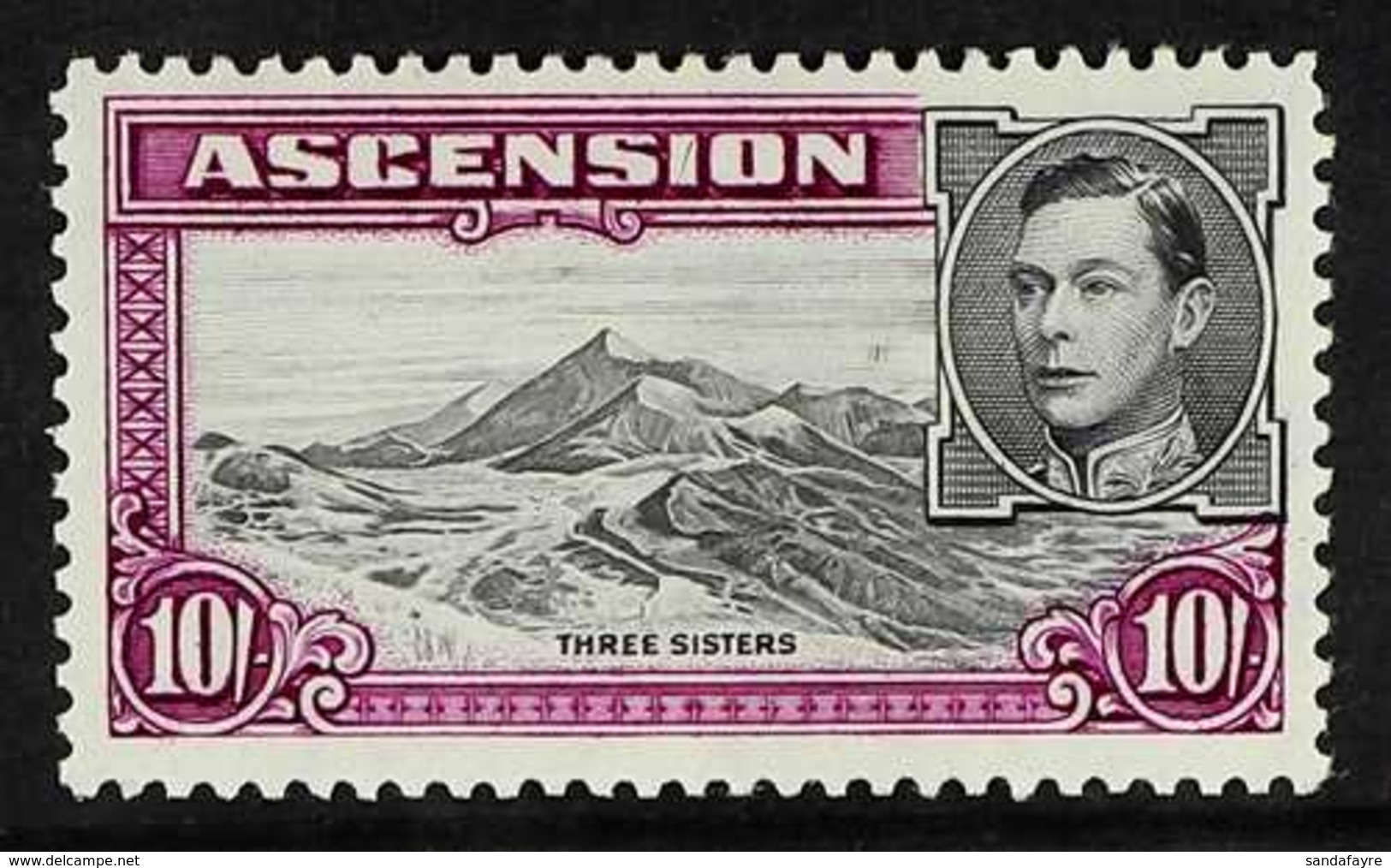 1944 10s Black And Bright Purple, Perf. 13 With BOULDER FLAW, SG 47ba, Fine Mint. For More Images, Please Visit Http://w - Ascension (Ile De L')