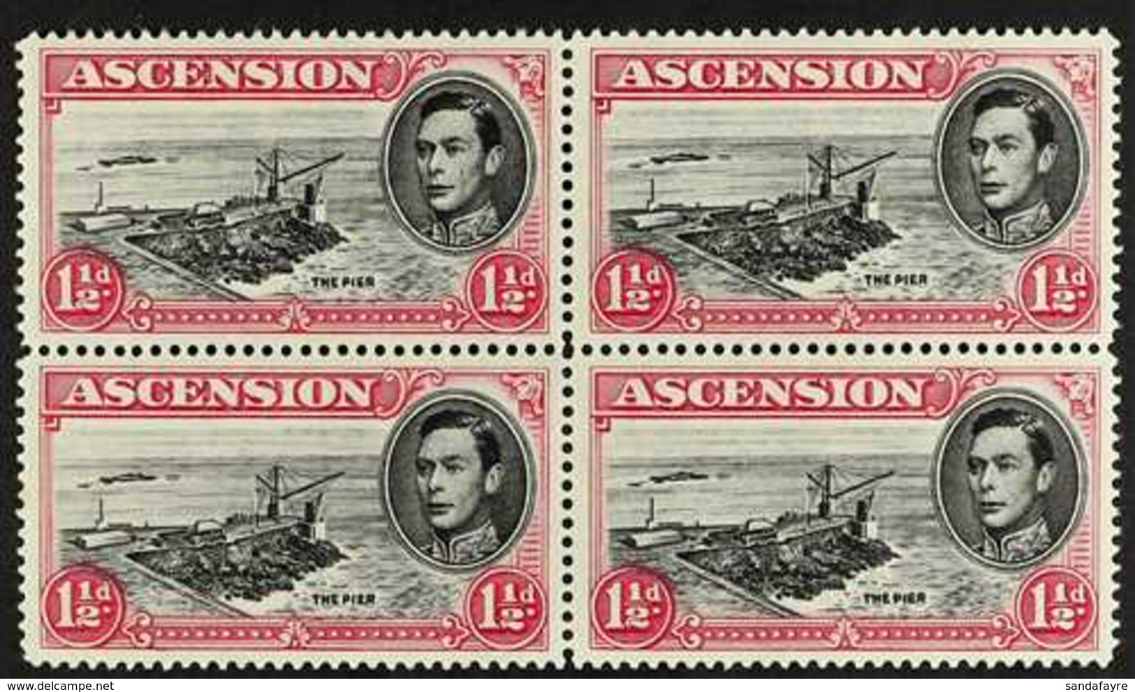 1949 1½d Black And Rose-carmine Perf. 14, Block Of Four With One Showing CUT MAST AND RAILINGS, SG 40db, Fine Never Hing - Ascension (Ile De L')