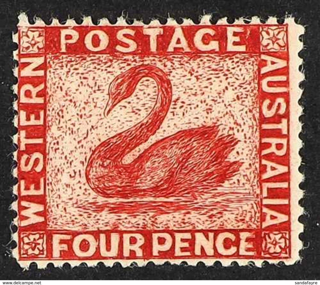 WESTERN AUSTRALIA 1861 4d Vermilion Engraved ONEGLIA (Panelli) FORGERY Perf 14 On Paper With Faked Swan Watermark, Mint. - Otros & Sin Clasificación