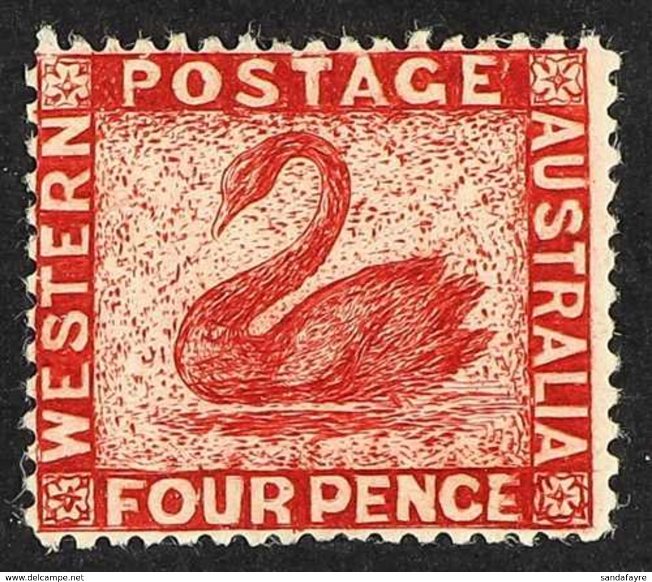 WESTERN AUSTRALIA 1861 4d Vermilion Engraved ONEGLIA (Panelli) FORGERY Perf 14 On Paper With Faked Swan Watermark, Mint. - Andere & Zonder Classificatie