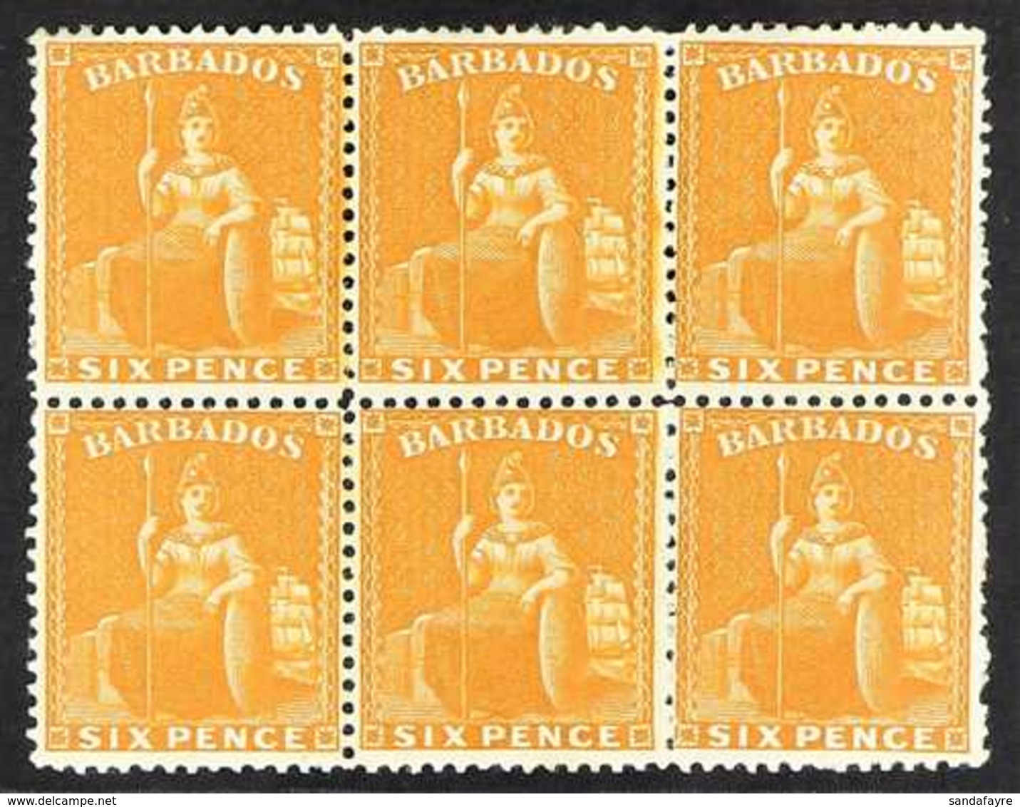 1875-80 6d Chrome Yellow, Wmk CC, Perf 14, Britannia, SG 79, Very Fine Mint BLOCK OF SIX, The Low-left Stamp With Light  - Barbades (...-1966)