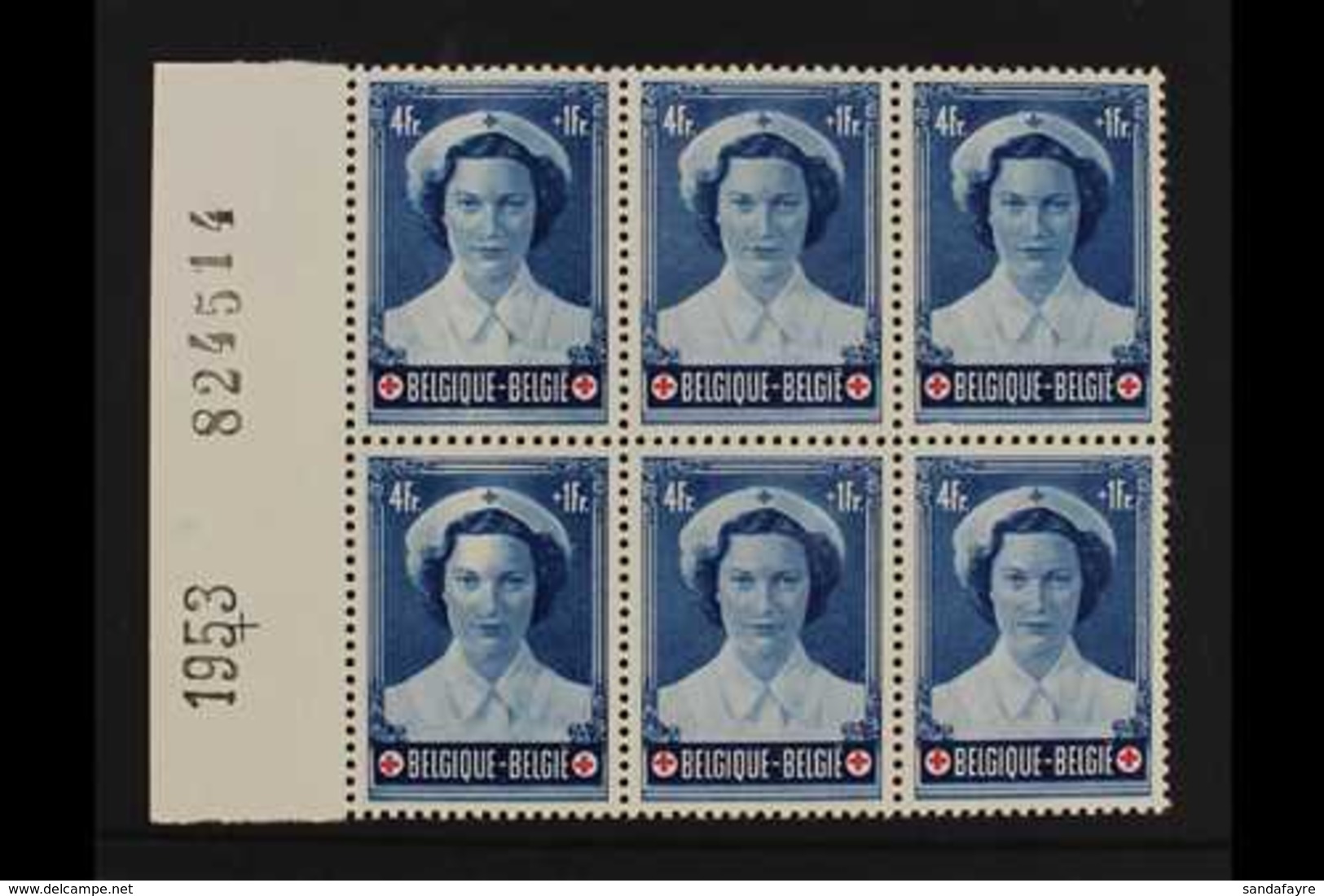 1953 4f + 1f Blue "Princess Josephine" Red Cross, Variety "White Forehead", Cob 916v1, As SG 1440, Dated - Marginal BLOC - Autres & Non Classés