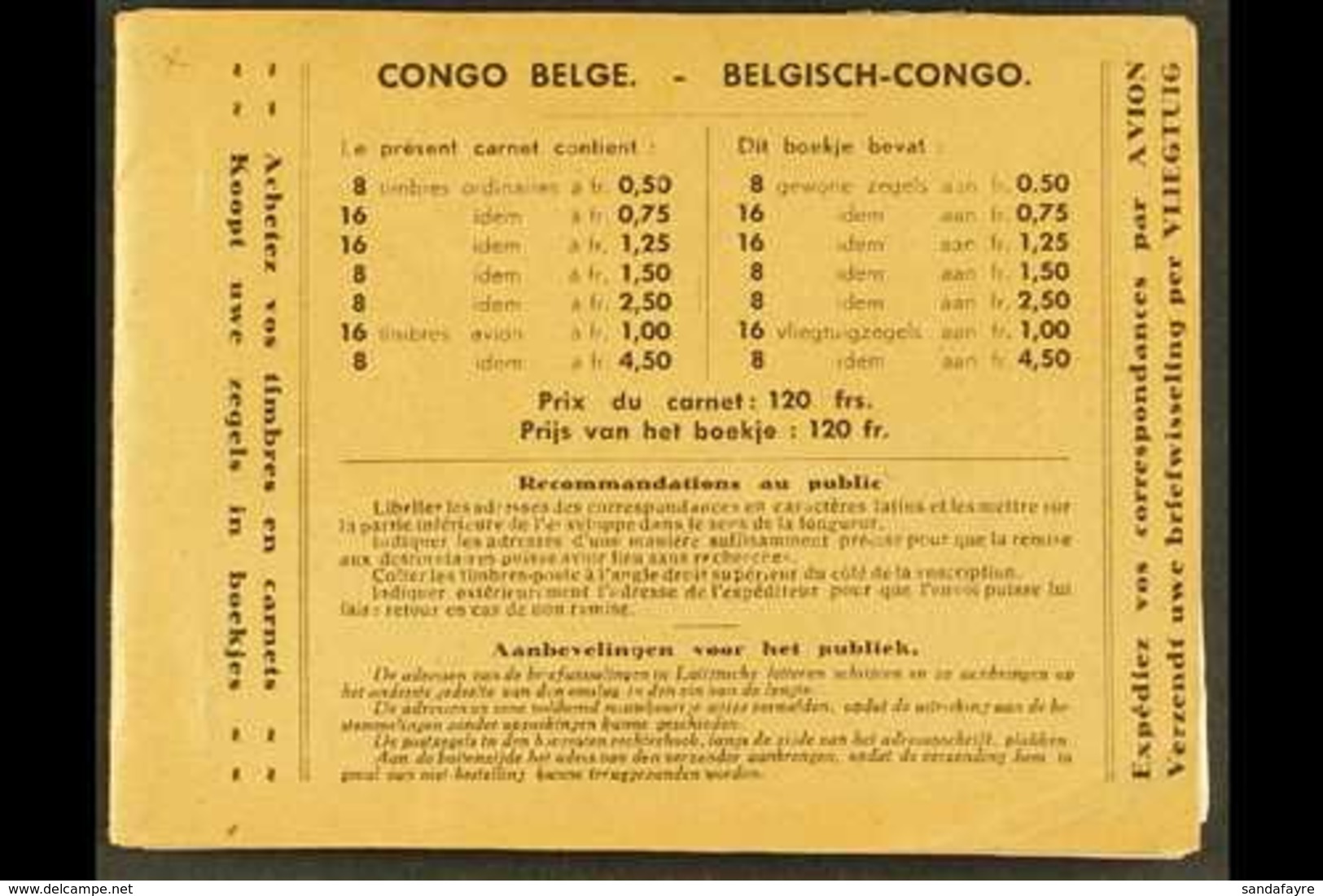 CONGO 1937 120f. Booklet, COB A5, Complete With Interleaving, Staples Removed, Fresh. For More Images, Please Visit Http - Autres & Non Classés