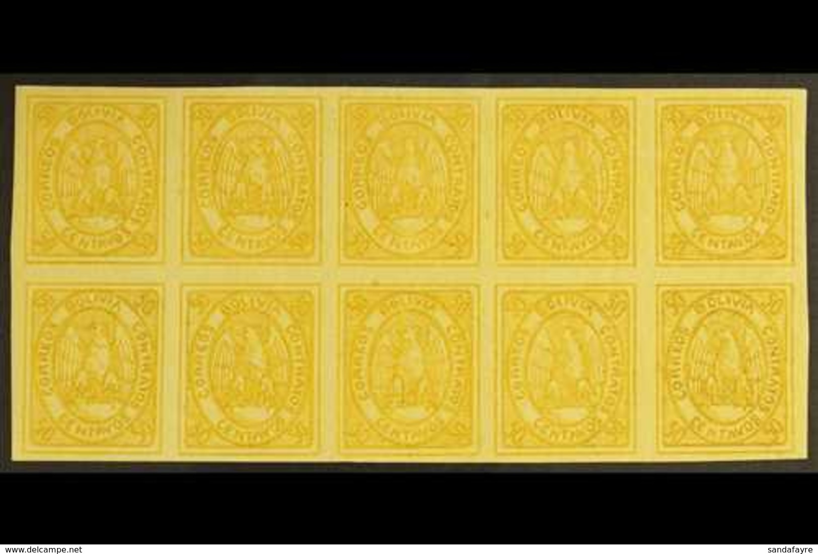 1867-68 50c Yellow Condor (SG 8, Scott 5), Very Fine Mint (most Stamps Never Hinged) BLOCK Of 10 (5x2), All Stamps With  - Bolivia