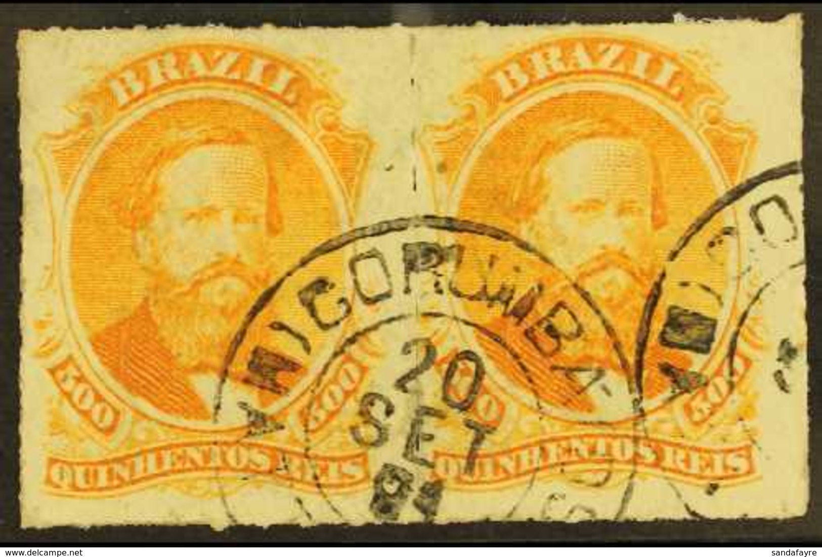 1876-77 500r Orange (Scott 67, SG 56), Fine Used Horizontal PAIR Cancelled With "Corumba" Cds's. (2 Stamps) For More Ima - Autres & Non Classés