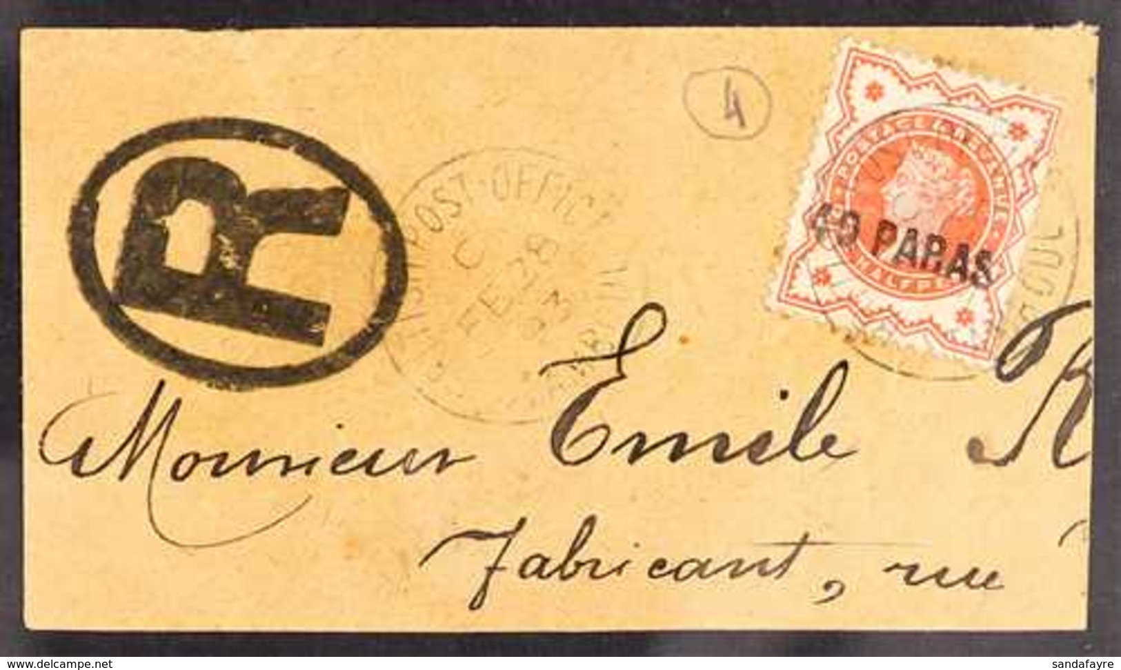 1893 40pa On ½d Vermilion, Roughly Handstamped, SG 7, Very Fine Used On Piece With "FE 28 93" C.d.s. Cancels With Paris  - Brits-Levant