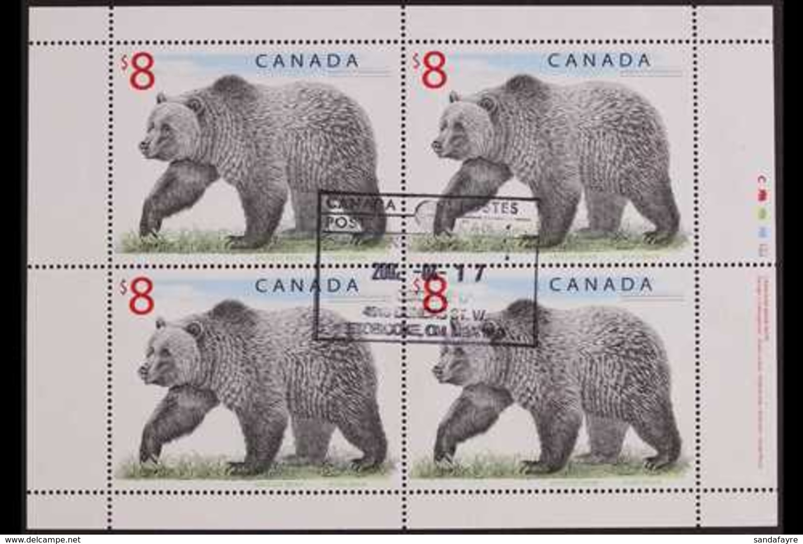 1997 $8 Grizzly Bear (SG 1762b, Unitrade 1694), Superb Used FULL PANE Of 4 (with Inscription In Right Selvedge) And FIEL - Otros & Sin Clasificación