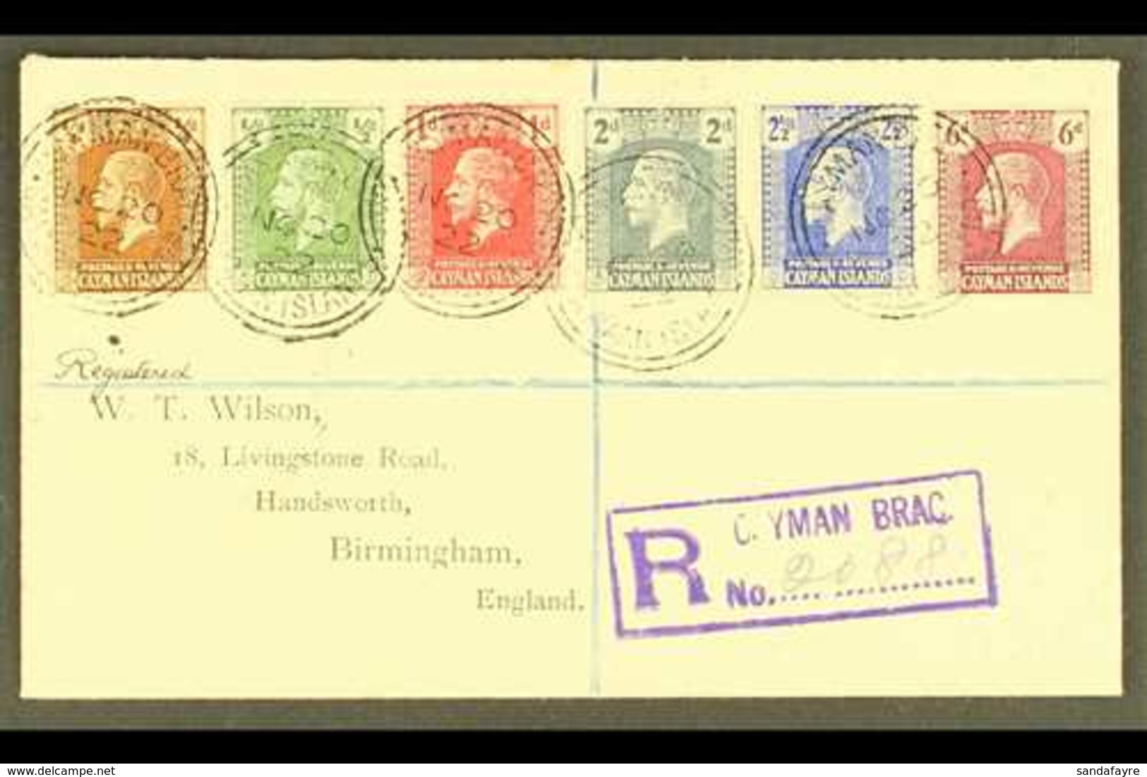 1922 (Nov) Attractive "Wilson" Registered Cover To England, Bearing 1921-26 ¼d, ½d, 1d, 2d, 2½d And 6d Tied CAYMAN BRAC  - Kaaiman Eilanden