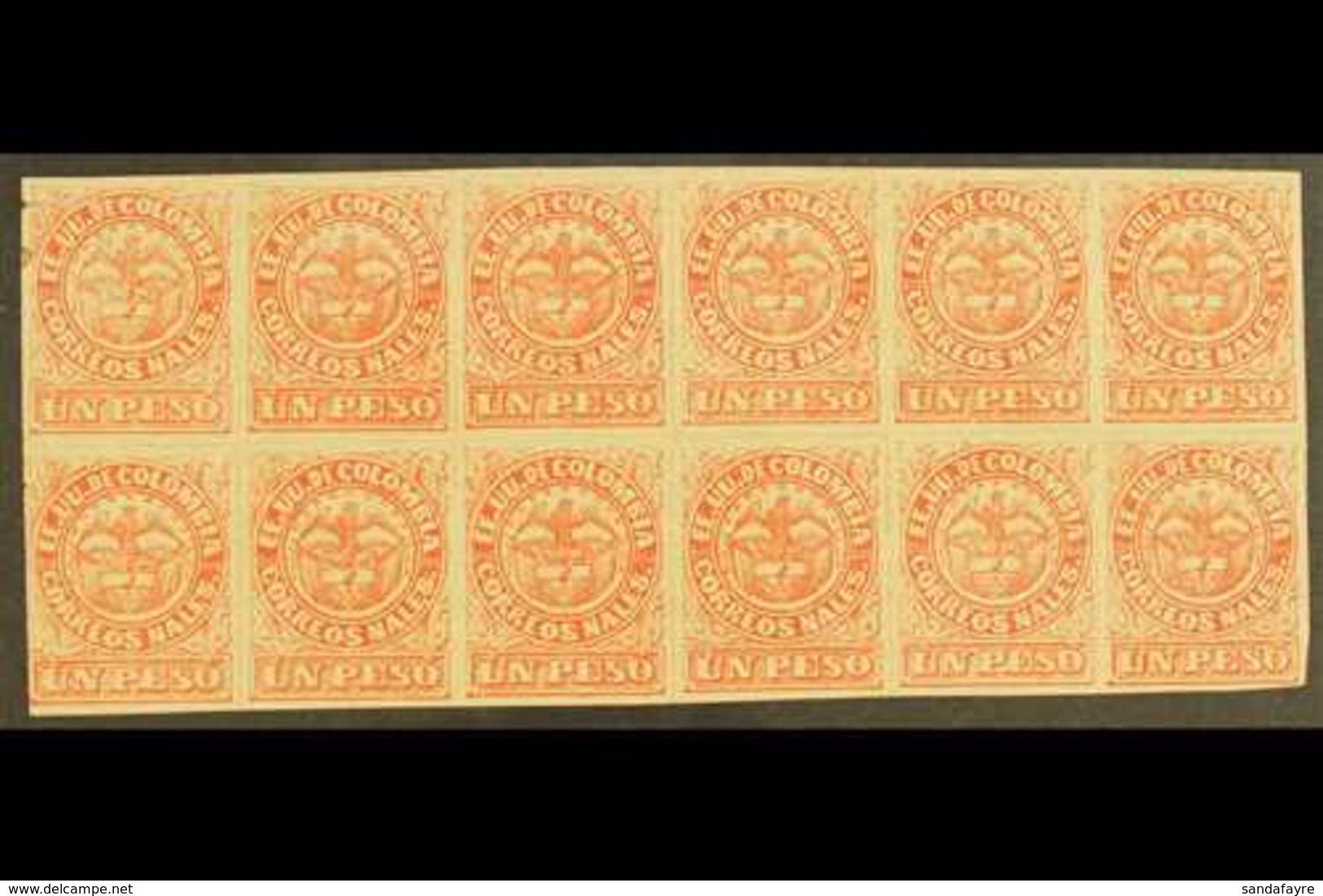 1868 1p Rose Red Type I, Scott 57b, An Impressive Mint BLOCK OF TWELVE (6 X 2), Several Lines Of Creasing And With Some  - Colombie