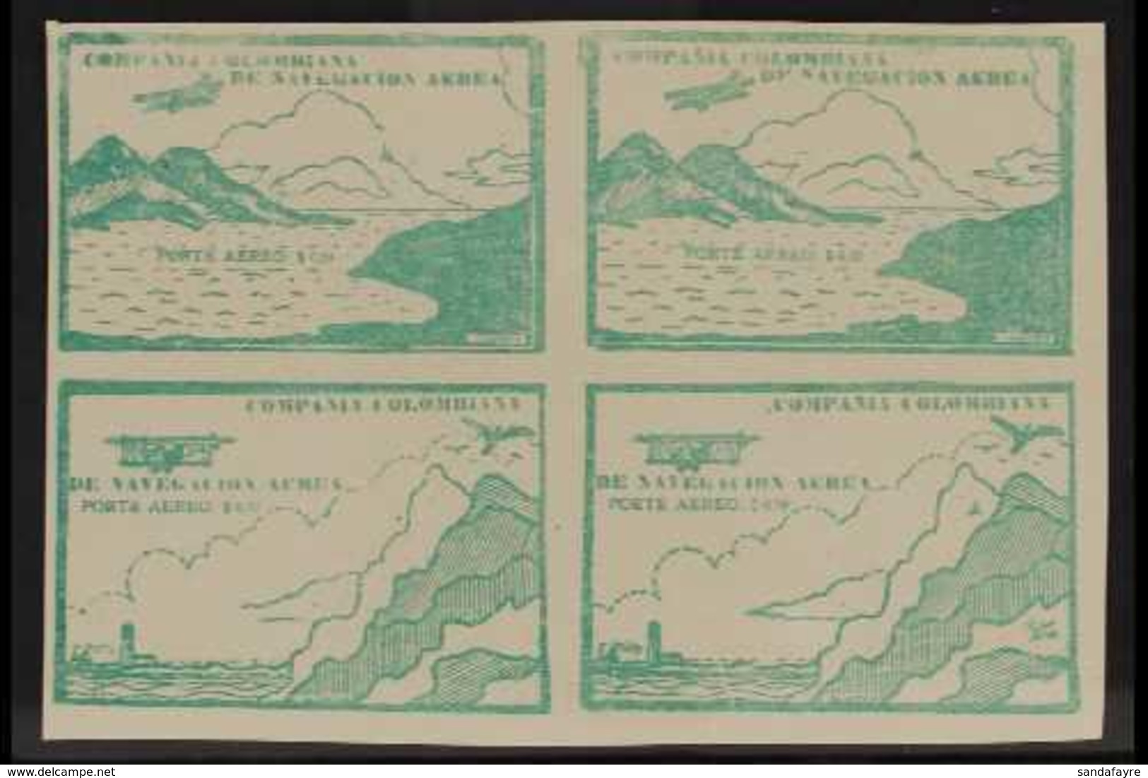 1920 SCADTA - IMPERF BLOCK OF 4. 10c Green Top Left Corner Imperf SE-TENANT BLOCK Of 4 (positions 1/2 & 7/8), Containing - Colombie