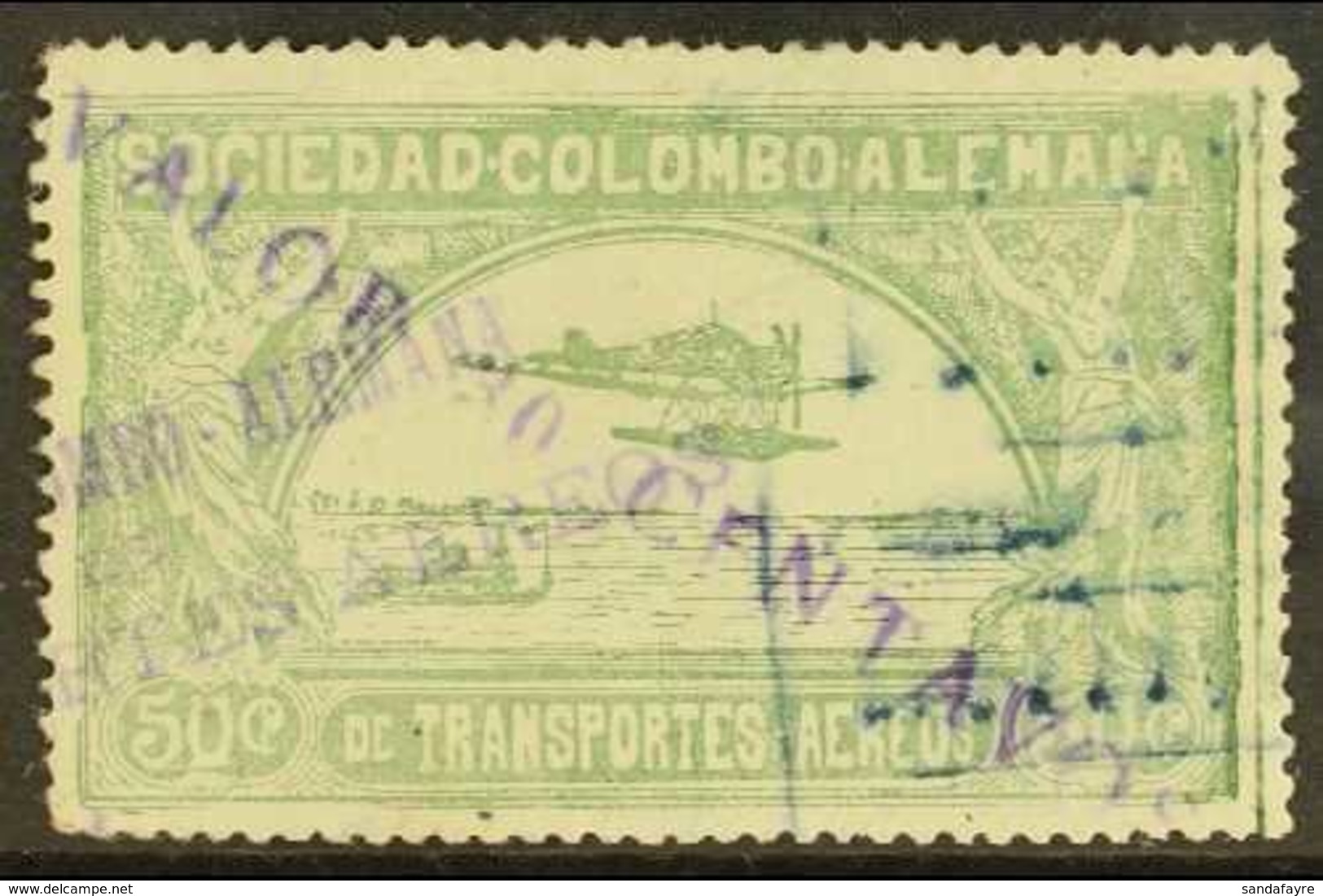 SCADTA 1921 30c On 50c Dull Green Surcharge In Violet, Scott C20 (SG 7, Michel 8 II), Fine Used, Expertized A.Brun, Fres - Colombia