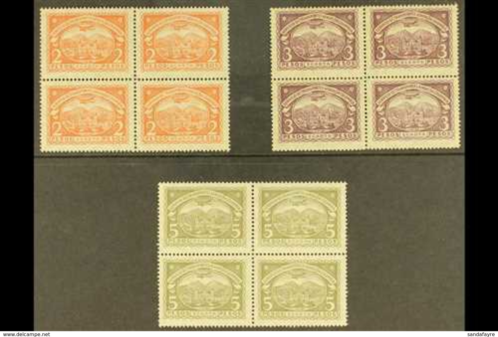SCADTA 1923 2p Red Orange, 3p Violet And 5p Olive Green (Scott C48/50, Mi 37/39) In Fine Mint BLOCKS OF FOUR, Minor Gum  - Kolumbien