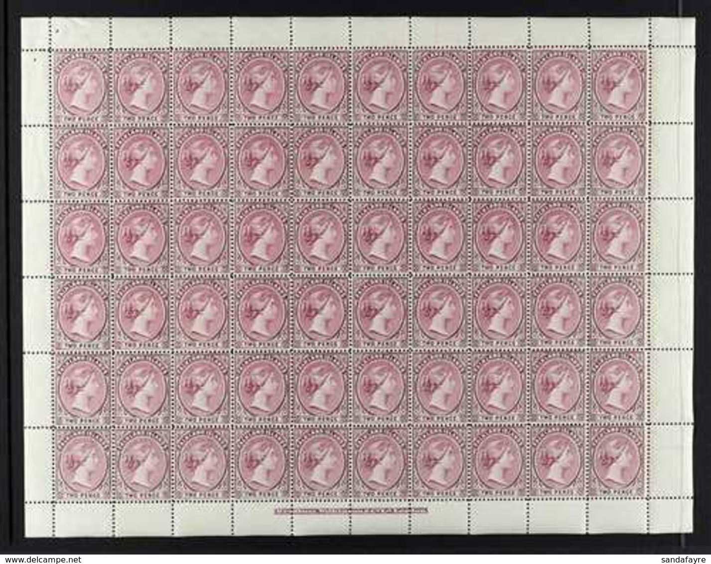 1895-98 2d Deep Purple, Wmk Crown CA SG 25, Complete Sheet Of 60 Never Hinged Mint. Superbly Fresh Without Hinging Anywh - Islas Malvinas