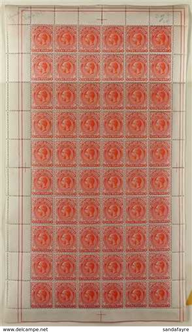 1912-20 1d Orange - Vermilion On Thick Greyish Paper, Wmk Mult Crown CA, SG 619, COMPLETE SHEET OF SIXTY With Stamps Nev - Islas Malvinas