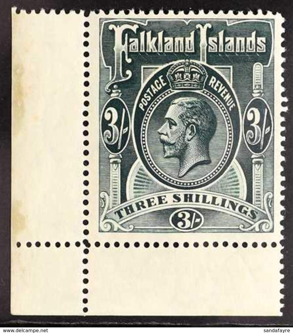 1912-20 3s Slate-green, Wmk Mult. Crown CA, SG 66, Never Hinged Mint, Corner Marginal Example. For More Images, Please V - Falkland