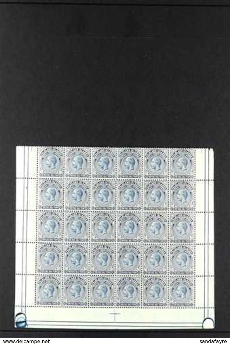1921-28 2½d Deep Steel-blue, Wmk Mult Script CA, SG 76b, Magnificent Lower Half-sheet Of 30 Showing Plate Screw Head Mar - Islas Malvinas