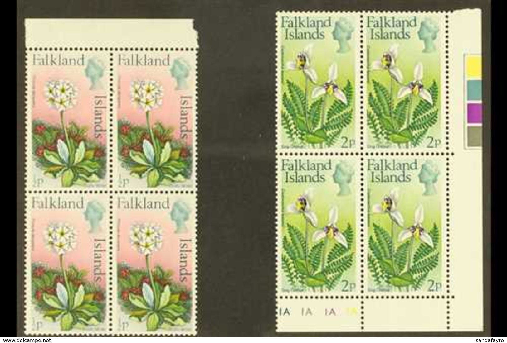 1974 Flowers Definitive ½d And 2d With Watermark Upright, SG 293/94, Never Hinged Mint Marginal BLOCKS OF FOUR. (2 Block - Islas Malvinas