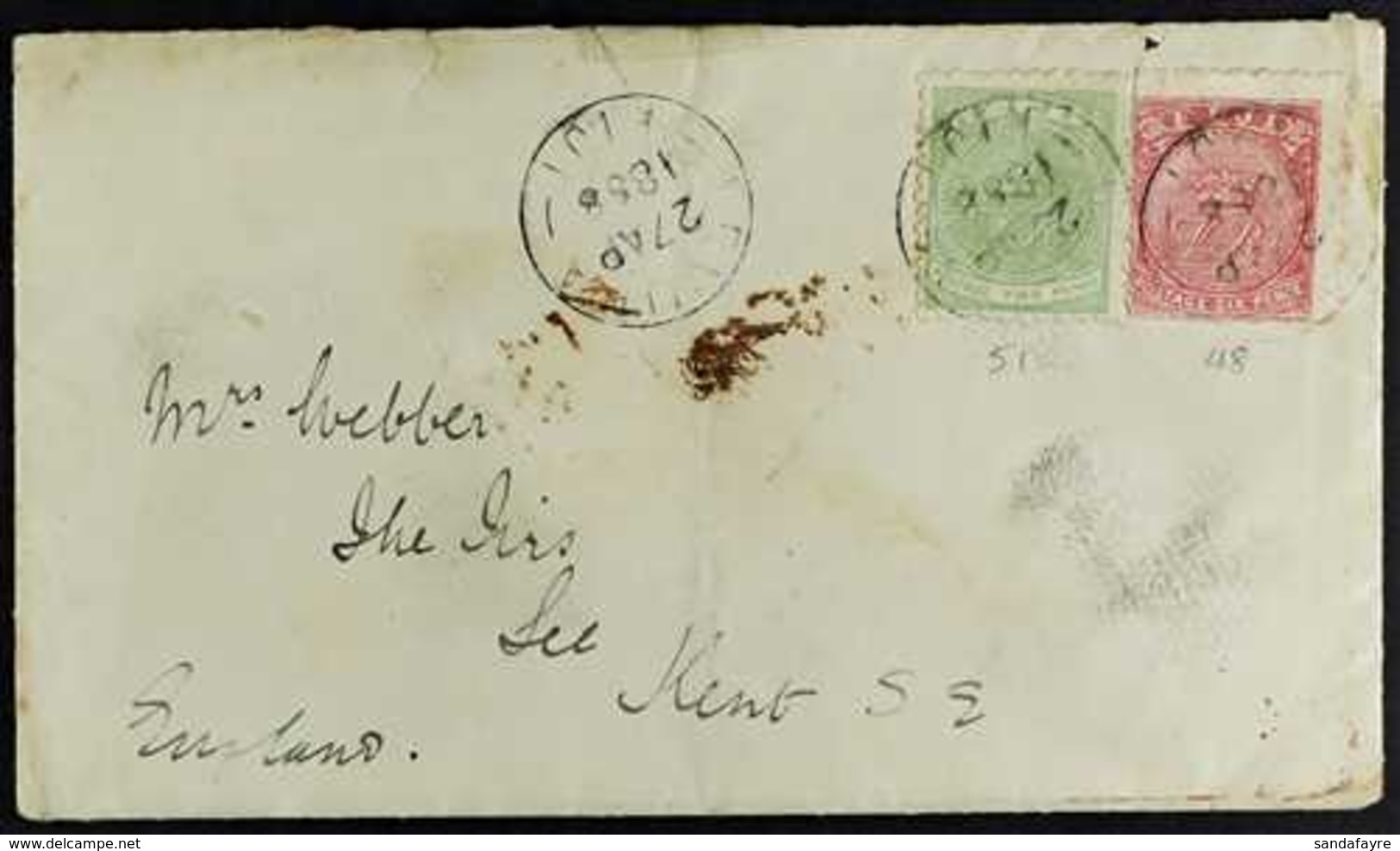 1888 (17 Apr) Env From Ba River To Kent Bearing 2d Yellow-green & 6d Rose (SG 48, 51) Tied LEVUKA 27 AP 1888 Cds's With  - Fidji (...-1970)