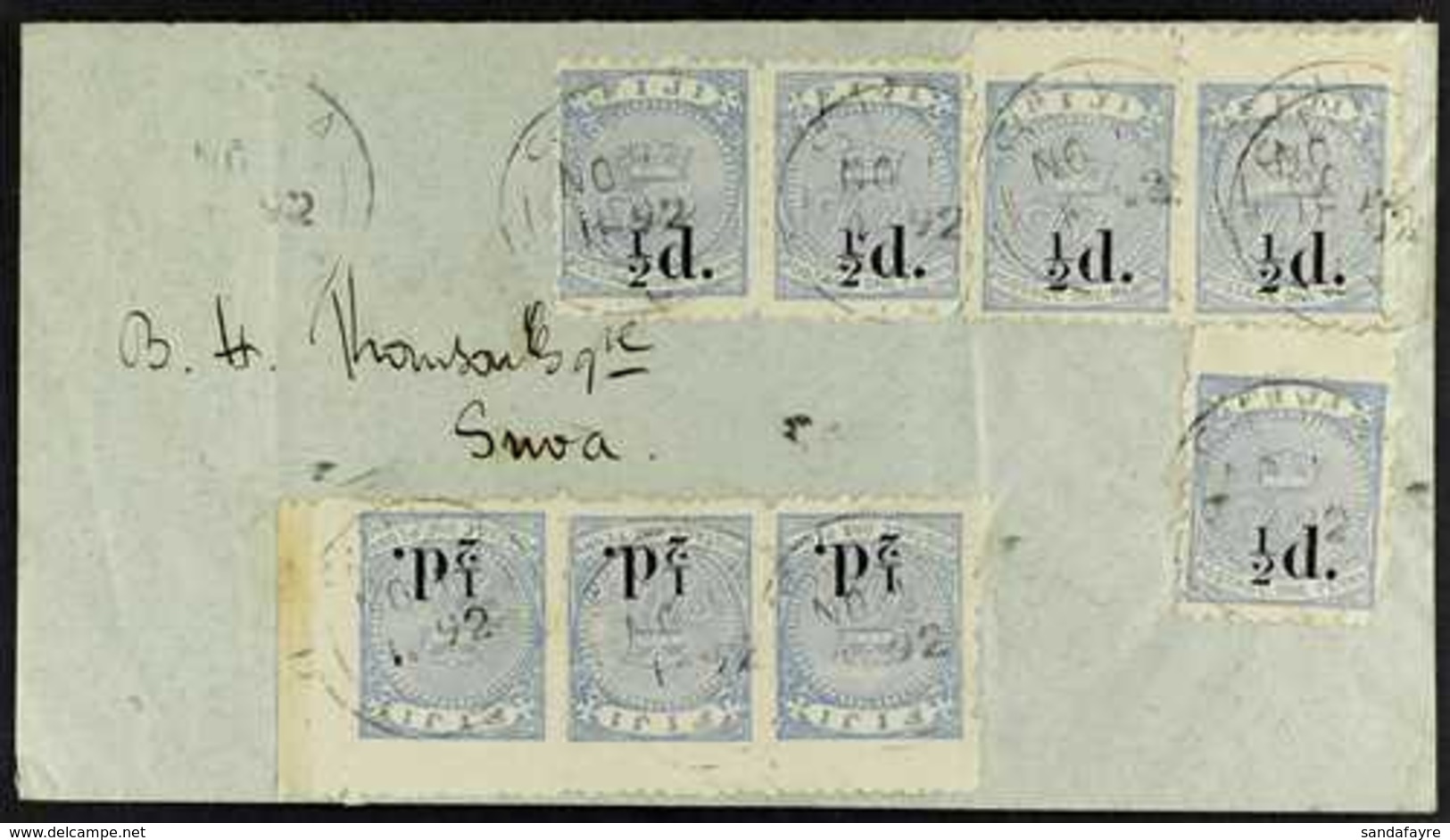 1892 (1 Nov) Env To Suva Bearing EIGHT (single, 2 Pairs, Corner Strip 3) Examples Of The ½d On 1d Dull Blue (SG 72) Tied - Fiji (...-1970)