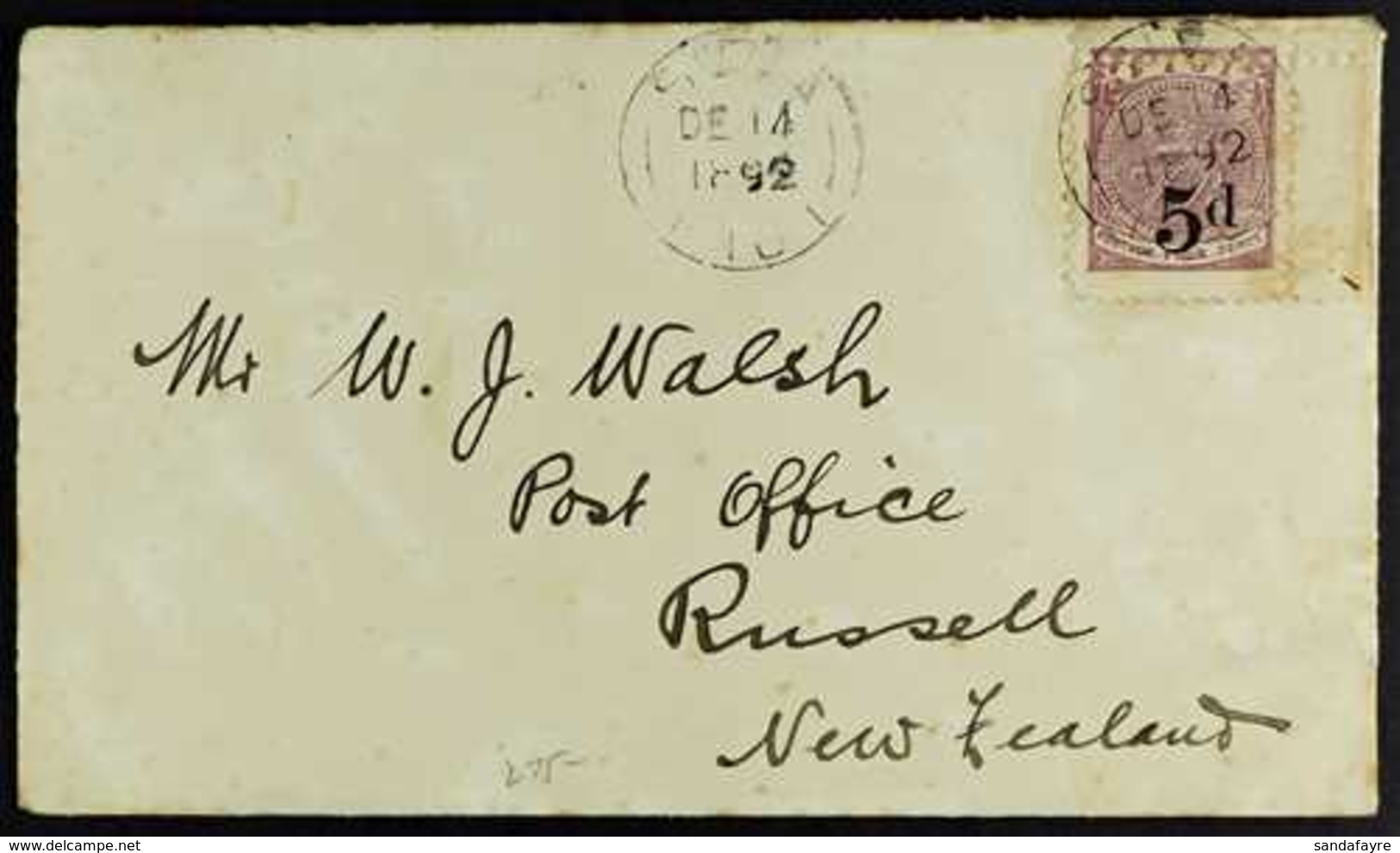 1892 (14 Dec) Env To Russell, New Zealand Bearing 5d On 4d Dull Purple (SG 73a) Tied Suva Cds With Another Alongside, Ne - Fidji (...-1970)