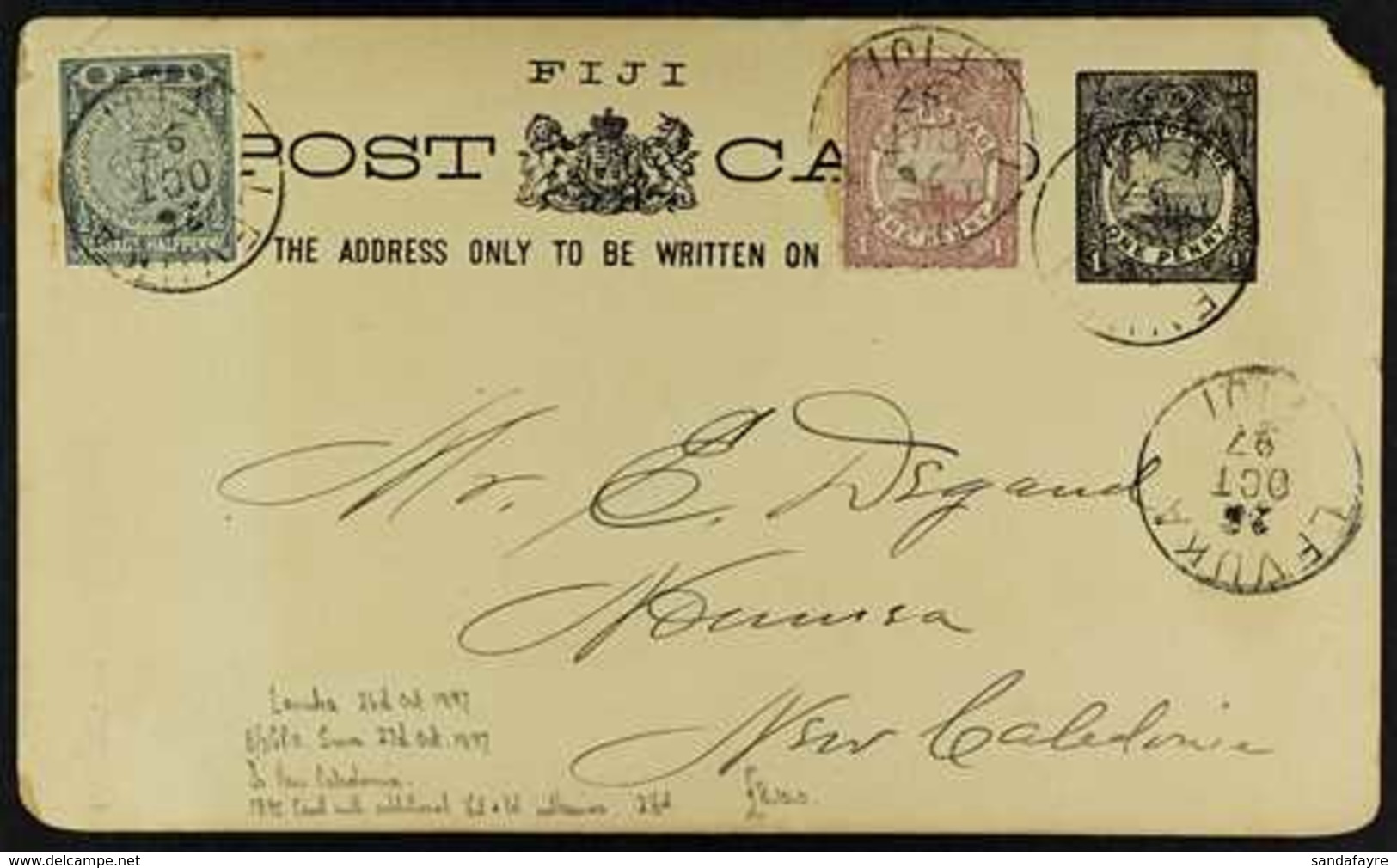 1897 (26 Oct) 1d Black Postal Stationery Card To New Caledonia Uprated With ½d & 1d Stamp All LEVUKA Cds's, Suva Transit - Fidji (...-1970)