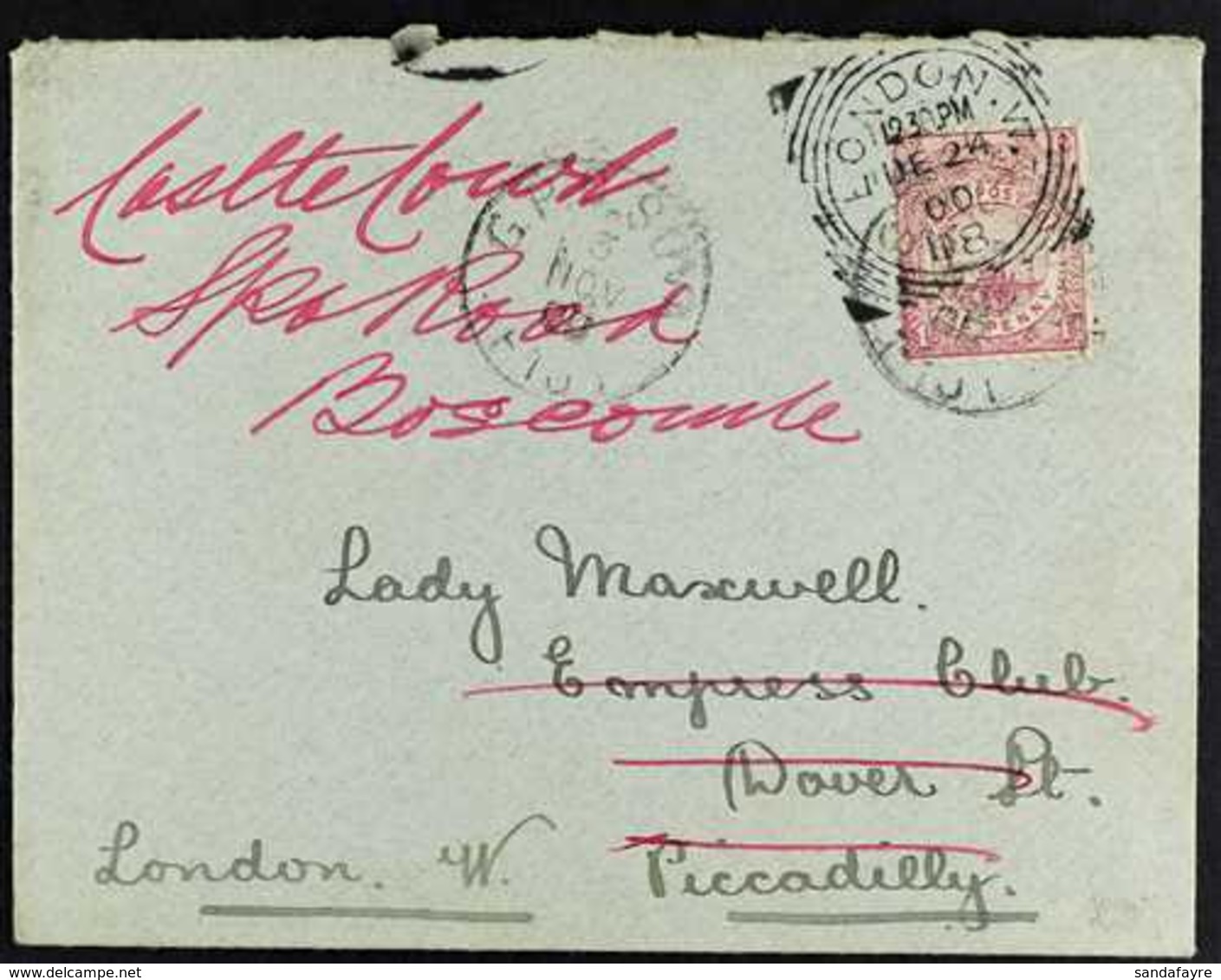 1900 (5 Nov) Env To Lady Maxwell In London Bearing 1d Rosy Mauve Tied Suva Cds With Another Strike Alongside, Redirected - Fiji (...-1970)