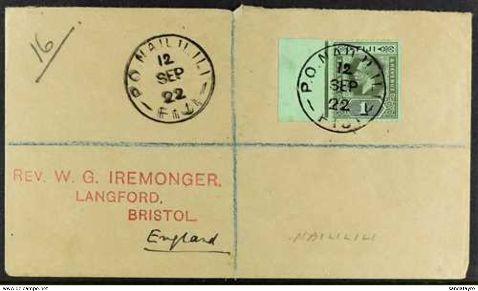 1922 (12 Sept) Env Registered With Manuscript "16" Reg. # To Bristol Bearing The 1s Die II (SG 134d) Tied By P.O. NAILIL - Fiji (...-1970)