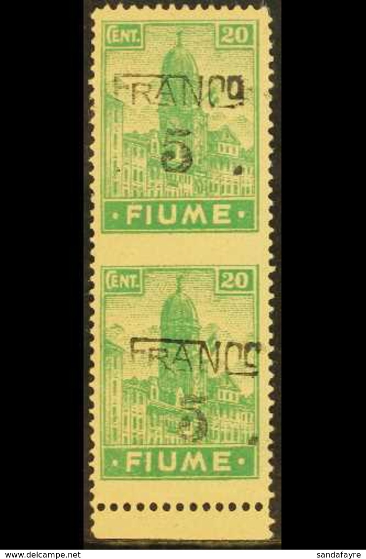 1919 "5" On 20c Emerald "Franco" Overprint Yellowish Paper Type A Lower Marginal Vertical IMPERF BETWEEN PAIR Variety, S - Fiume