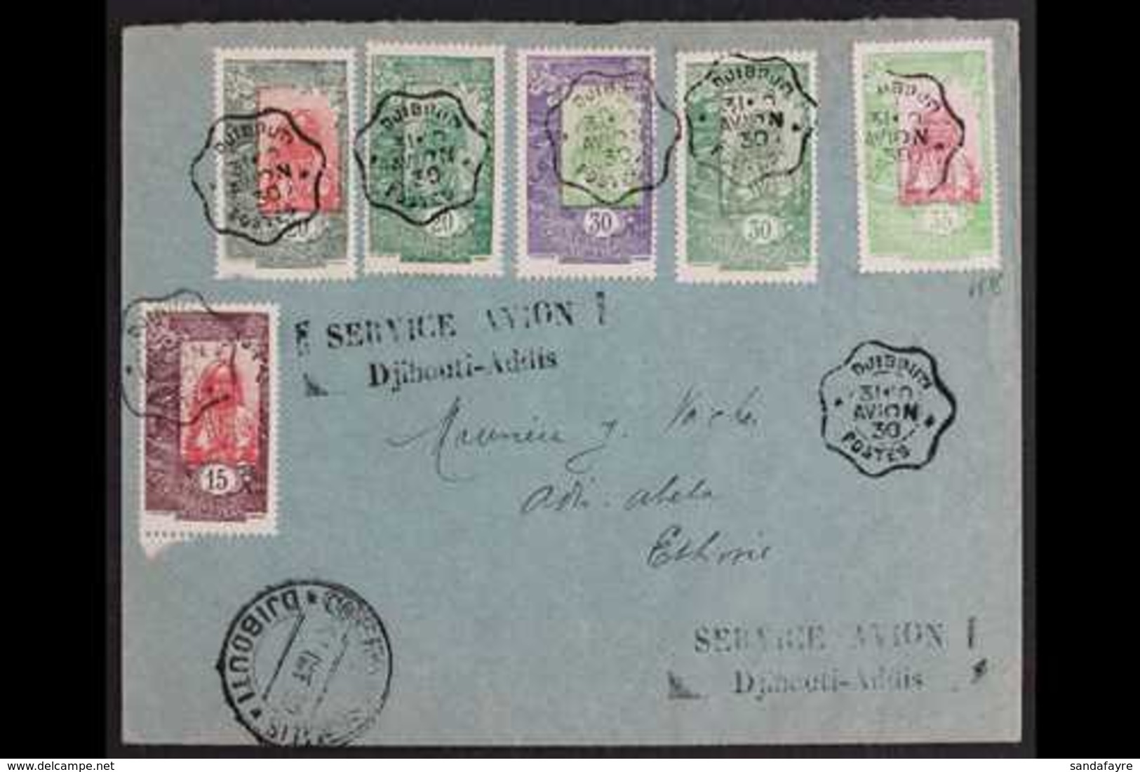 SOMALI COAST 1930 (OCT) Air Mail Cover To Ethiopia Bearing 1915-16 15c And 30c, Plus 1925-33 20c (both) And 30c (both),  - Autres & Non Classés