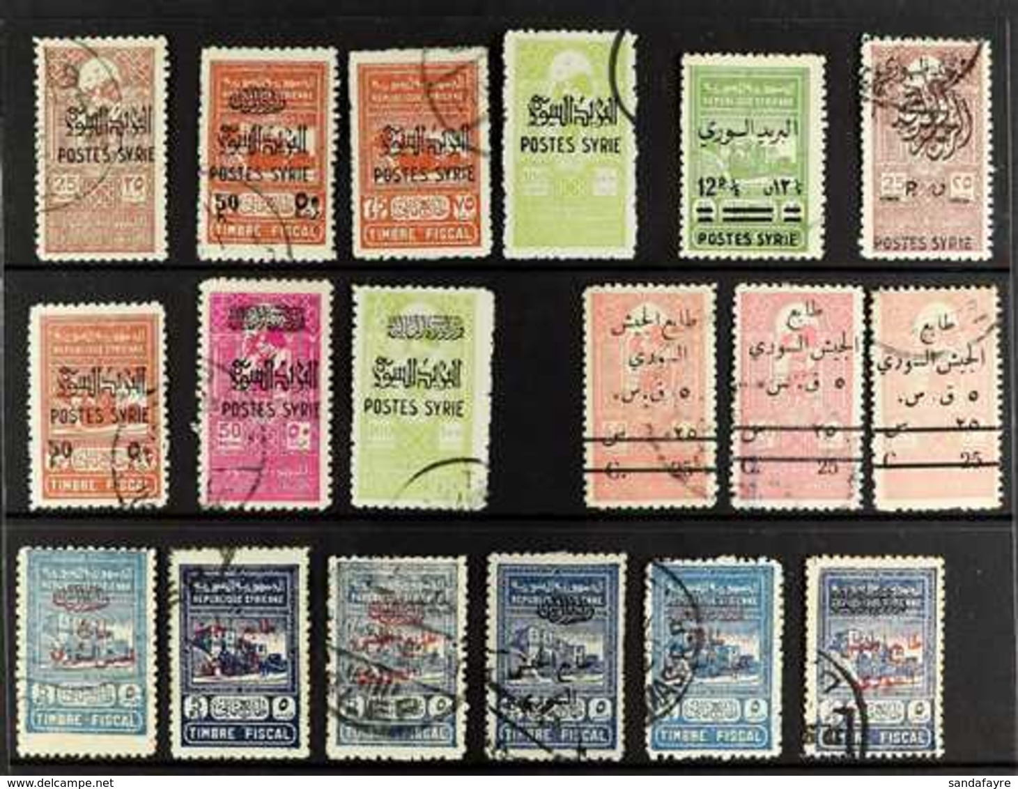 SYRIA 1945-49 USED FISCALS & REVENUES COLLECTION Presented On A Stock Card That Includes "Postes Syrie" Opt'd & Surcharg - Autres & Non Classés