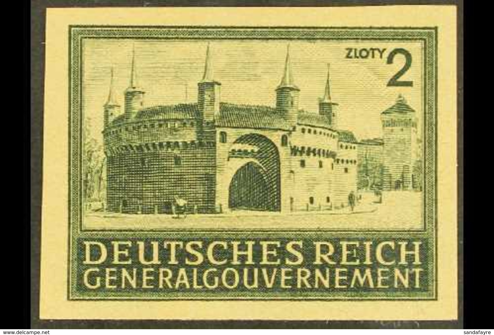 POLAND - GENERAL GOVERNMENT 1940 2zt Blackish Grey-green Barbican IMPERF PROOF On Yellowish Ungummed Paper, Michel 113P3 - Andere & Zonder Classificatie