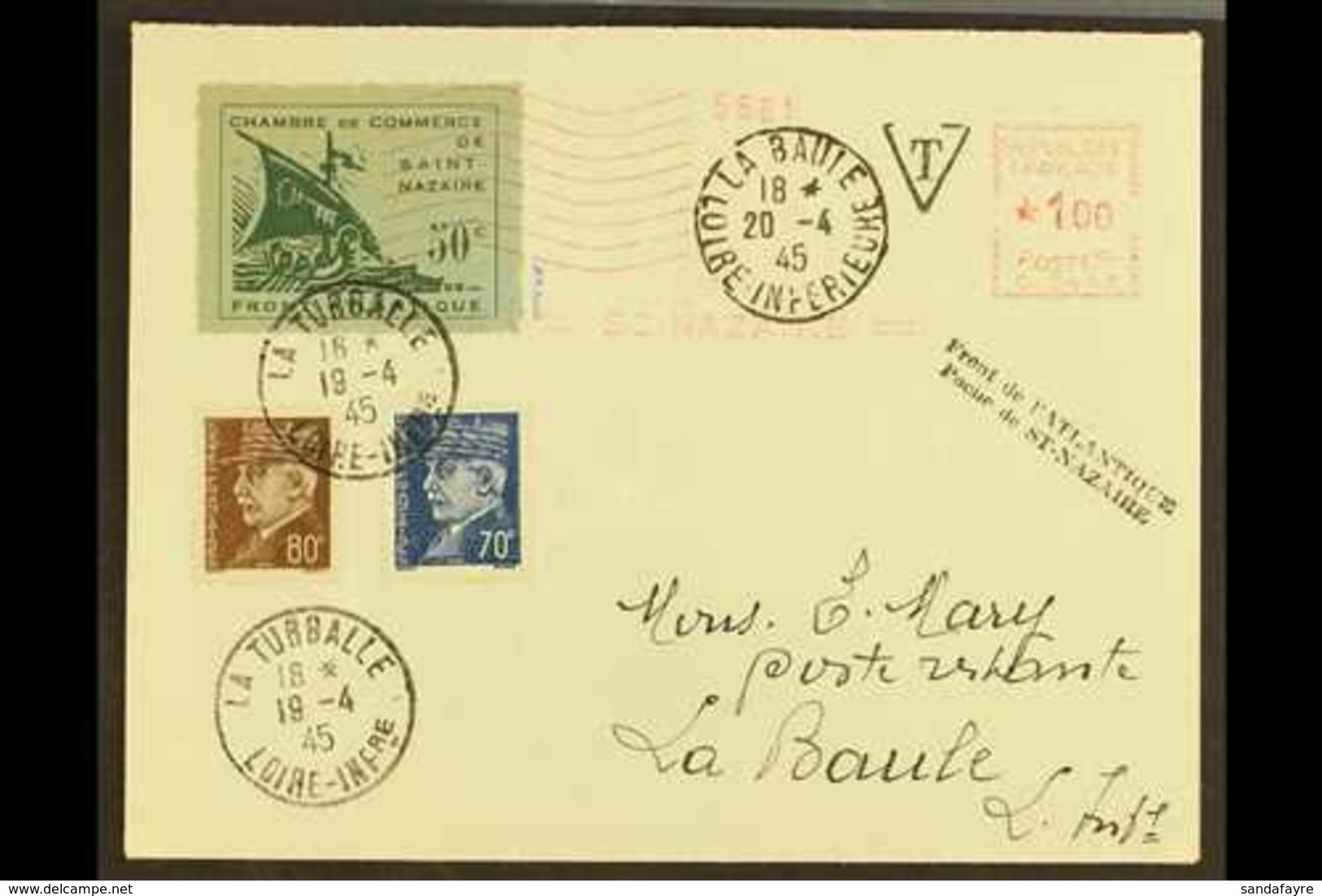 SAINT NAZAIRE 1945 (19 Apr) Cover Addressed To La Baule, Bearing St Nazaire 50c Green On Green Local Stamp (Michel 1), P - Andere & Zonder Classificatie