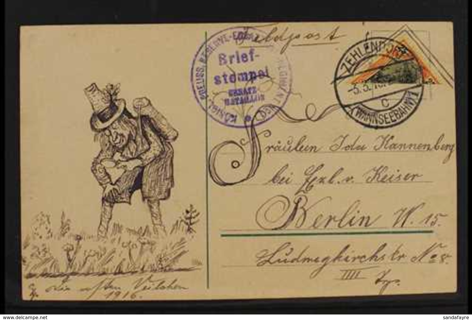 1916 BISECT Feldpost Card Bearing 25pf Germania Diagonally BISECTED Stamp Tied By "Zehlendorf" Cds Cancel, With Regiment - Otros & Sin Clasificación