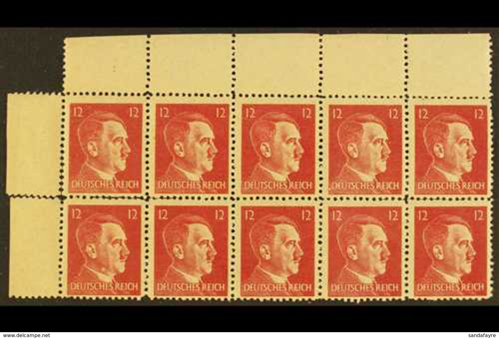 WWII US SECRET SERVICES FORGERIES 1945 12pf Carmine Hitler, Michel 16, Never Hinged Mint Top Left Corner BLOCK Of 10, Mi - Otros & Sin Clasificación