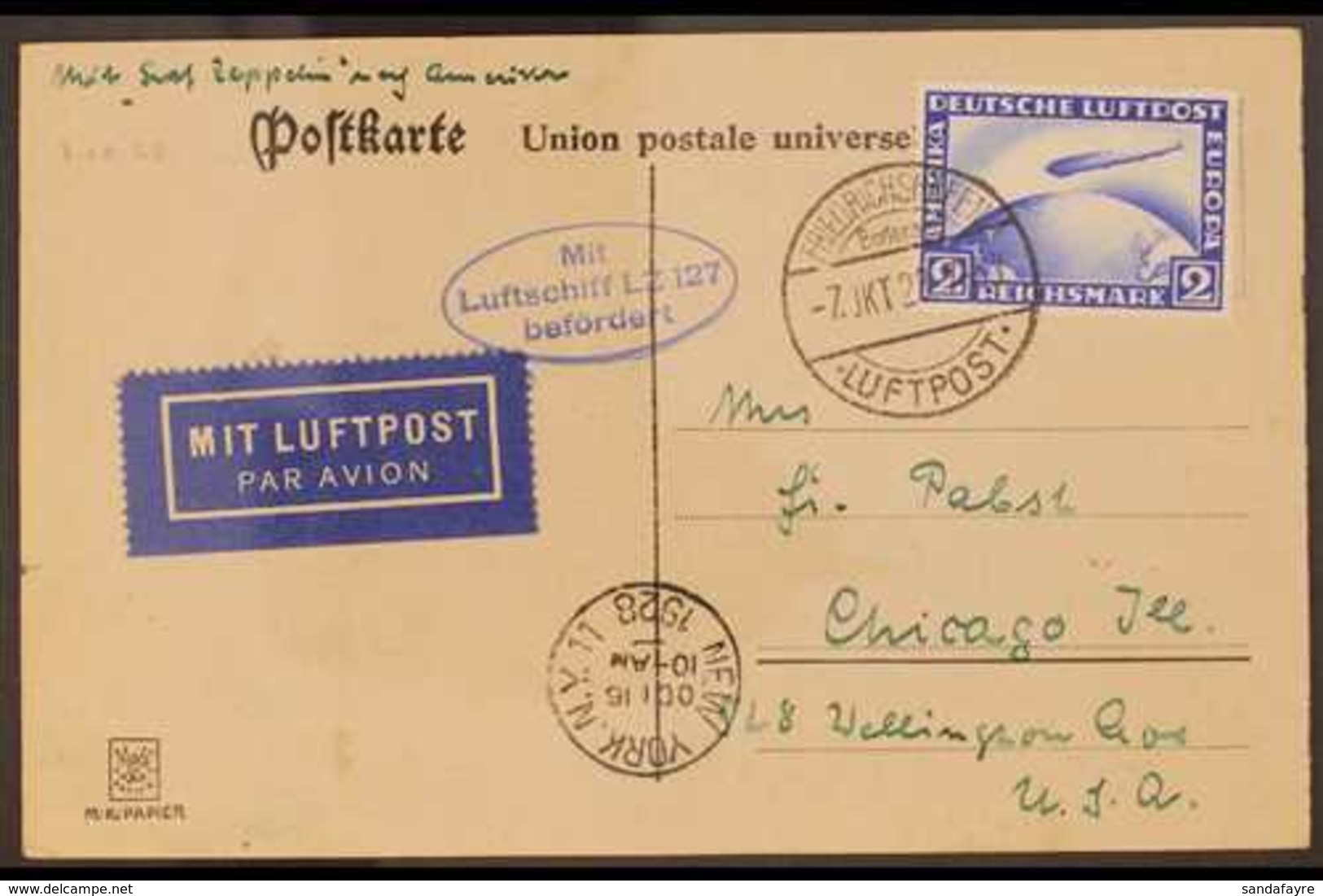 ZEPPELIN AMERICAN FLIGHT CARD 1928 (7 Oct) Postcard Bearing 1928 2m Air Stamp Tied By "Friedrichshafen" Cancel, With Blu - Otros & Sin Clasificación