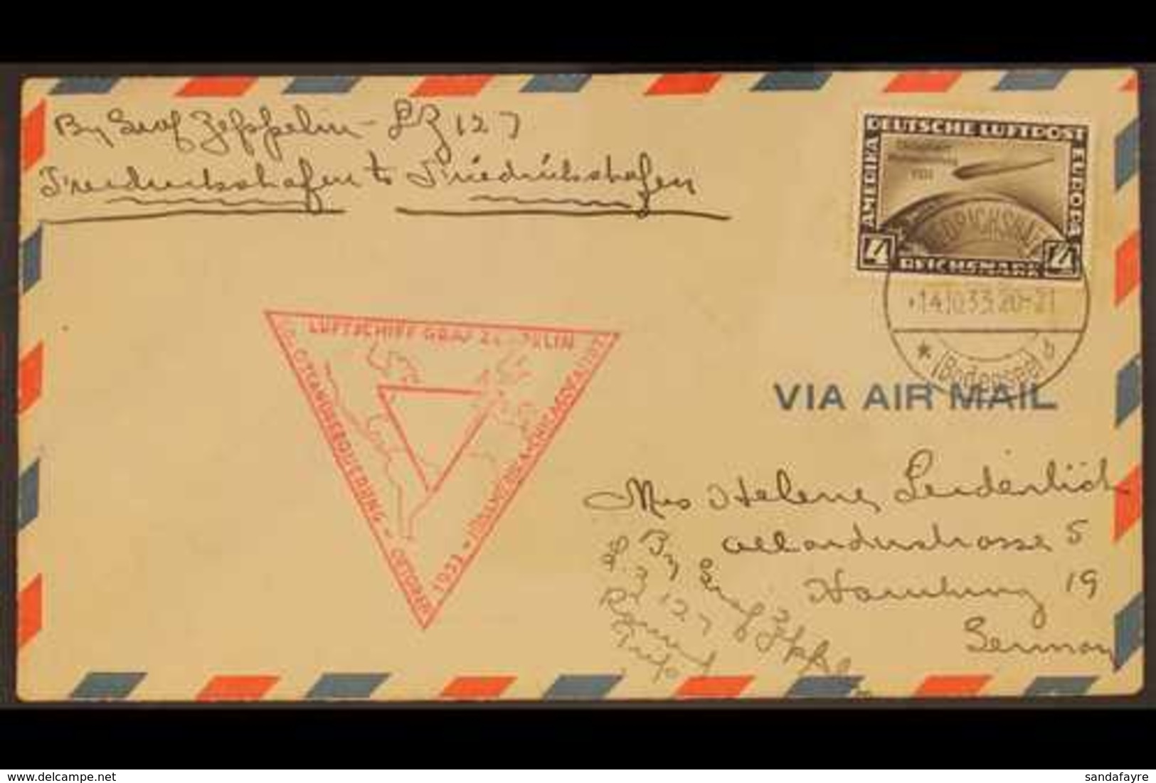 ZEPPELIN CHICAGO WORLD EXHIBITION FLIGHT COVER 1933 (14 Oct) Cover Addressed To Germany, Bearing 1933 4m Air Chicago Exh - Otros & Sin Clasificación