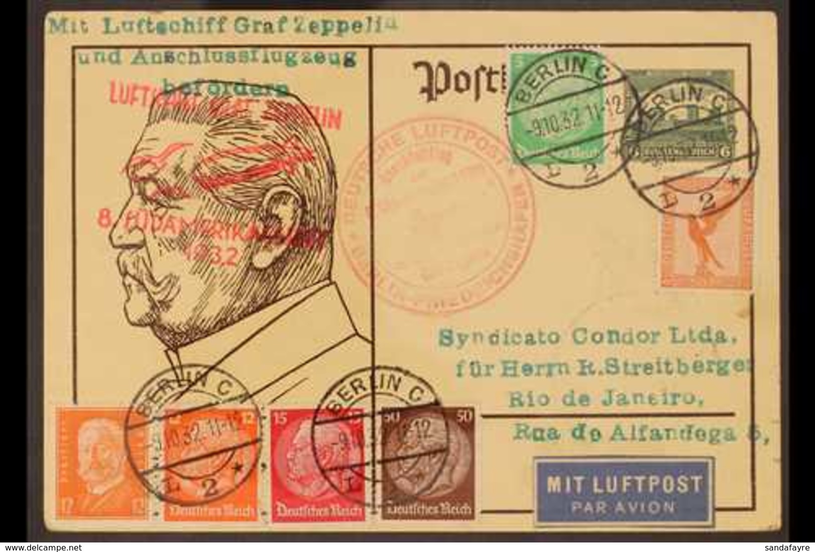 ZEPPELIN EIGHTH SOUTH AMERICAN FLIGHT CARD 1932 (9 Oct) 6pf Postal Stationery Postcard Addressed To Brazil, Uprated With - Otros & Sin Clasificación