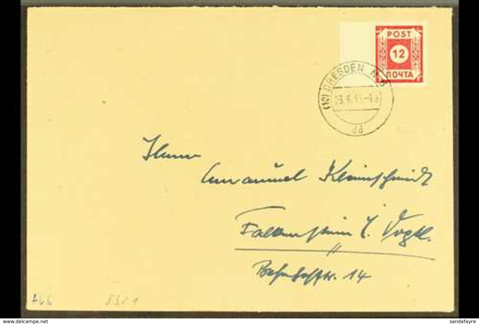 RUSSIAN ZONE EAST SAXONY 1945 (23 June) Cover Bearing 12pf Red (Mi BI, SG RE1) Left Marginal Example, Tied By Dresden Cd - Andere & Zonder Classificatie