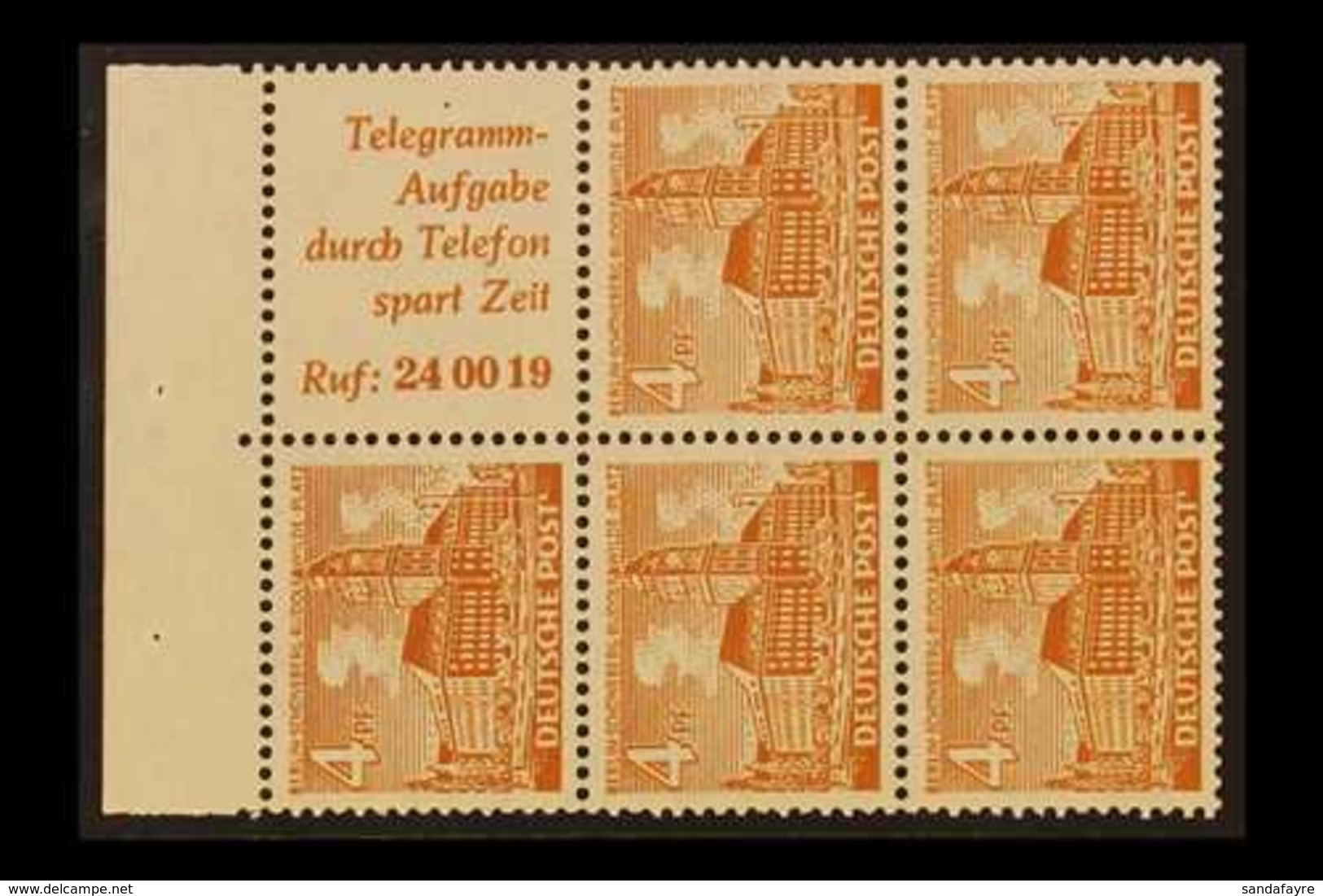 1952 4pf Orange-brown Buildings Complete Booklet Pane Of Five Stamps And One Vertical 'Ruf: 24 00 19' Label (Michel H-Bl - Otros & Sin Clasificación