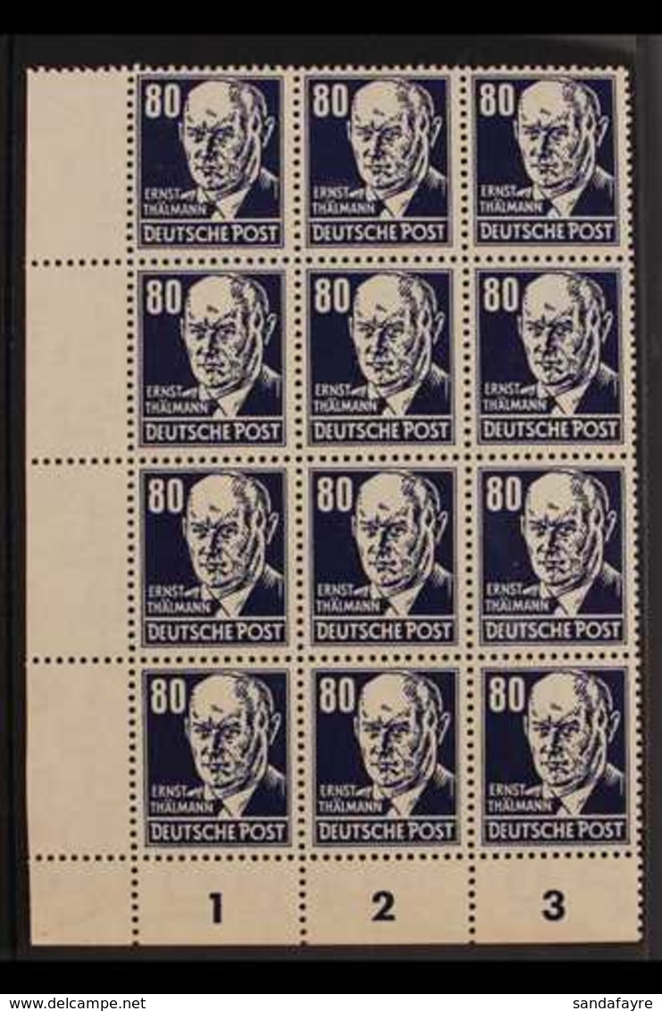 1952-53 80pf Blackish Blue Thalmann Ordinary Paper (Michel 339z, SG E94), Never Hinged Mint Lower Left Corner BLOCK Of 1 - Andere & Zonder Classificatie