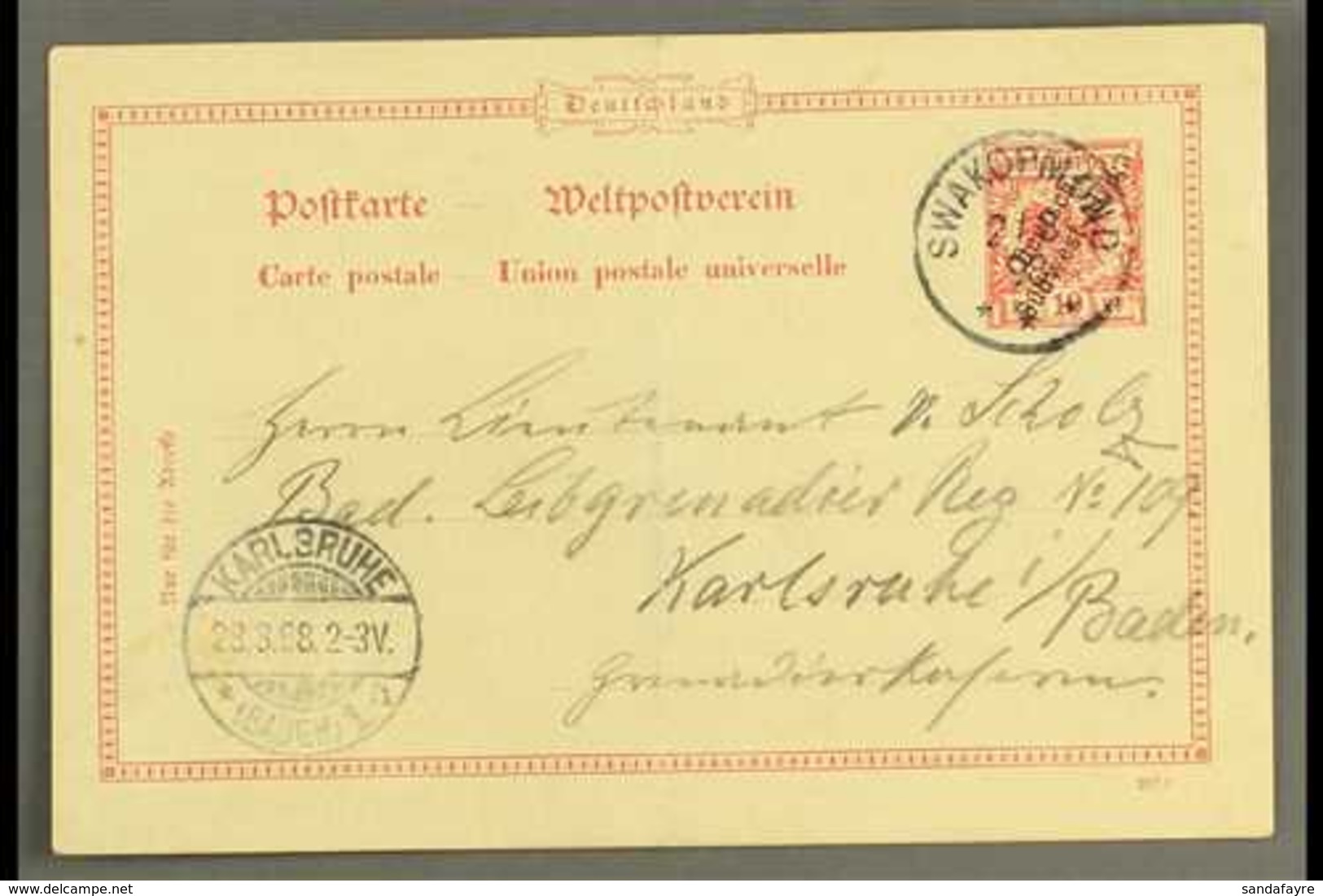 SOUTH WEST AFRICA 1898 (3 Mar) 10pf With Diagonal Opt Postal Stationery Card To Germany Cancelled By Fine "SWAKOPMUND" C - Otros & Sin Clasificación