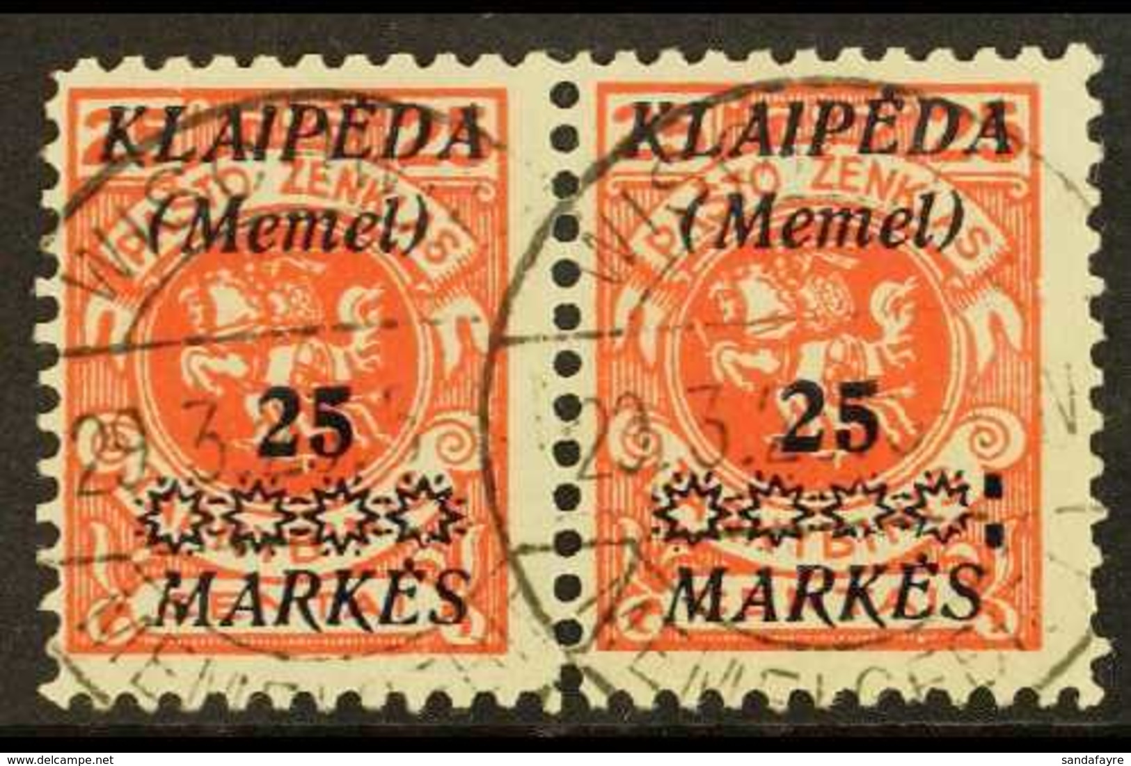 1923 25m On 25c Vermilion Overprint (Michel 137, SG 14), Fine Cds Used Horiz PAIR, The Right Stamp With 'Colon After Sta - Otros & Sin Clasificación