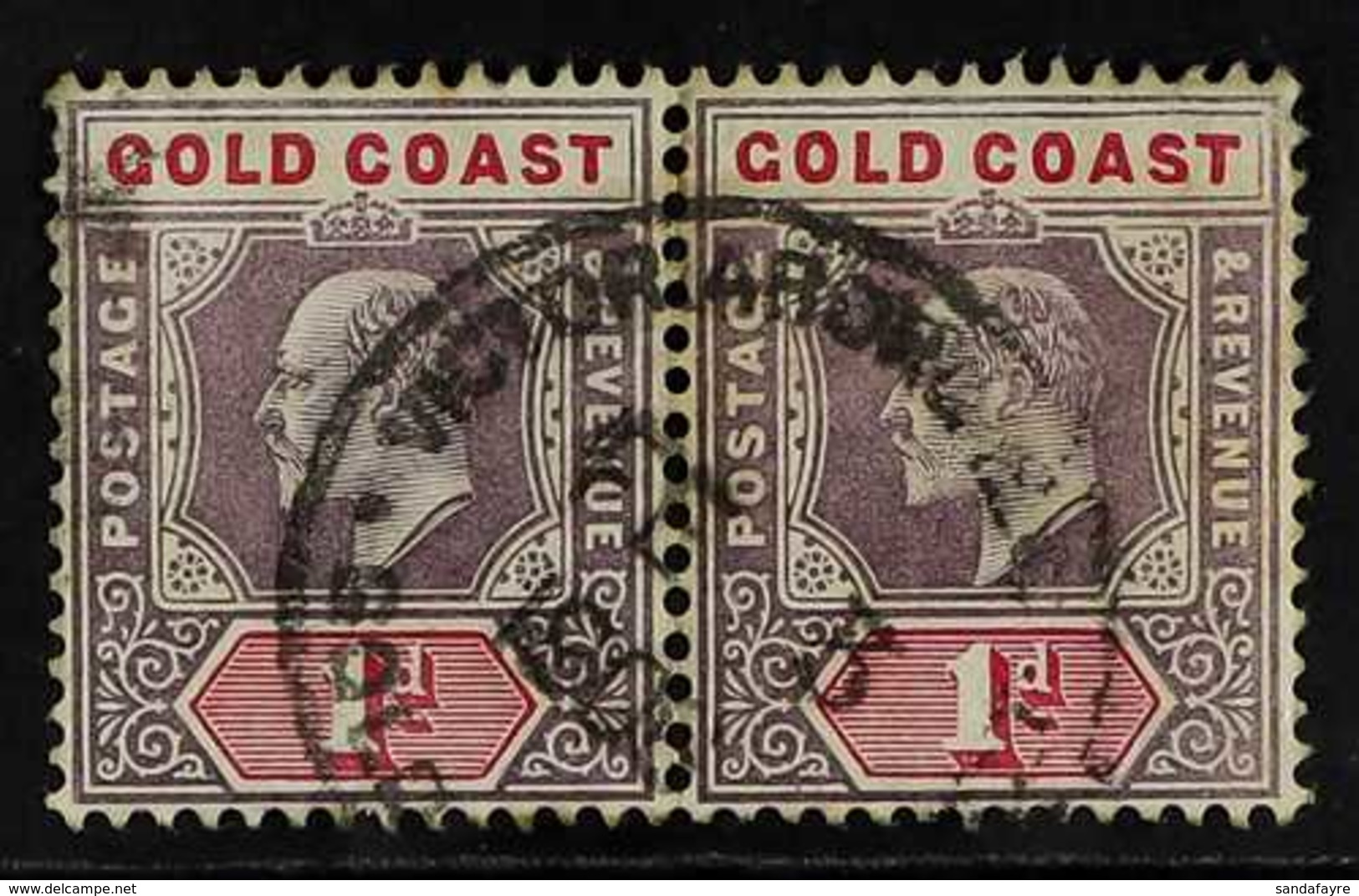 1902 1d Dull Purple & Carmine With DAMAGED FRAME AND CROWN (SPAVEN FLAW) Variety, SG 39a, Fine Used In Horizontal PAIR W - Costa De Oro (...-1957)