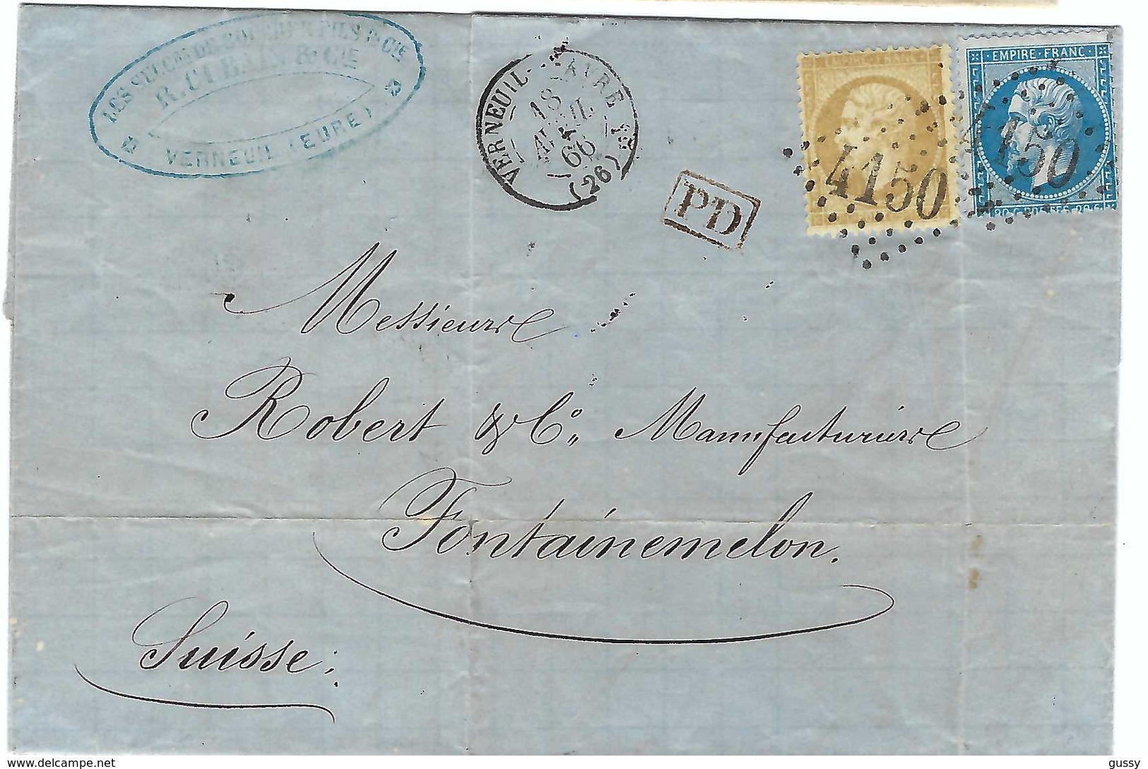 FRANCE 1862: LAC De Verneuil (Eure) Du 18-4-66 Pour Fontainemelon (Suisse) Avec Les Y&T21-22 Et Obl. GC4150 (Ind.3) - 1862 Napoléon III.