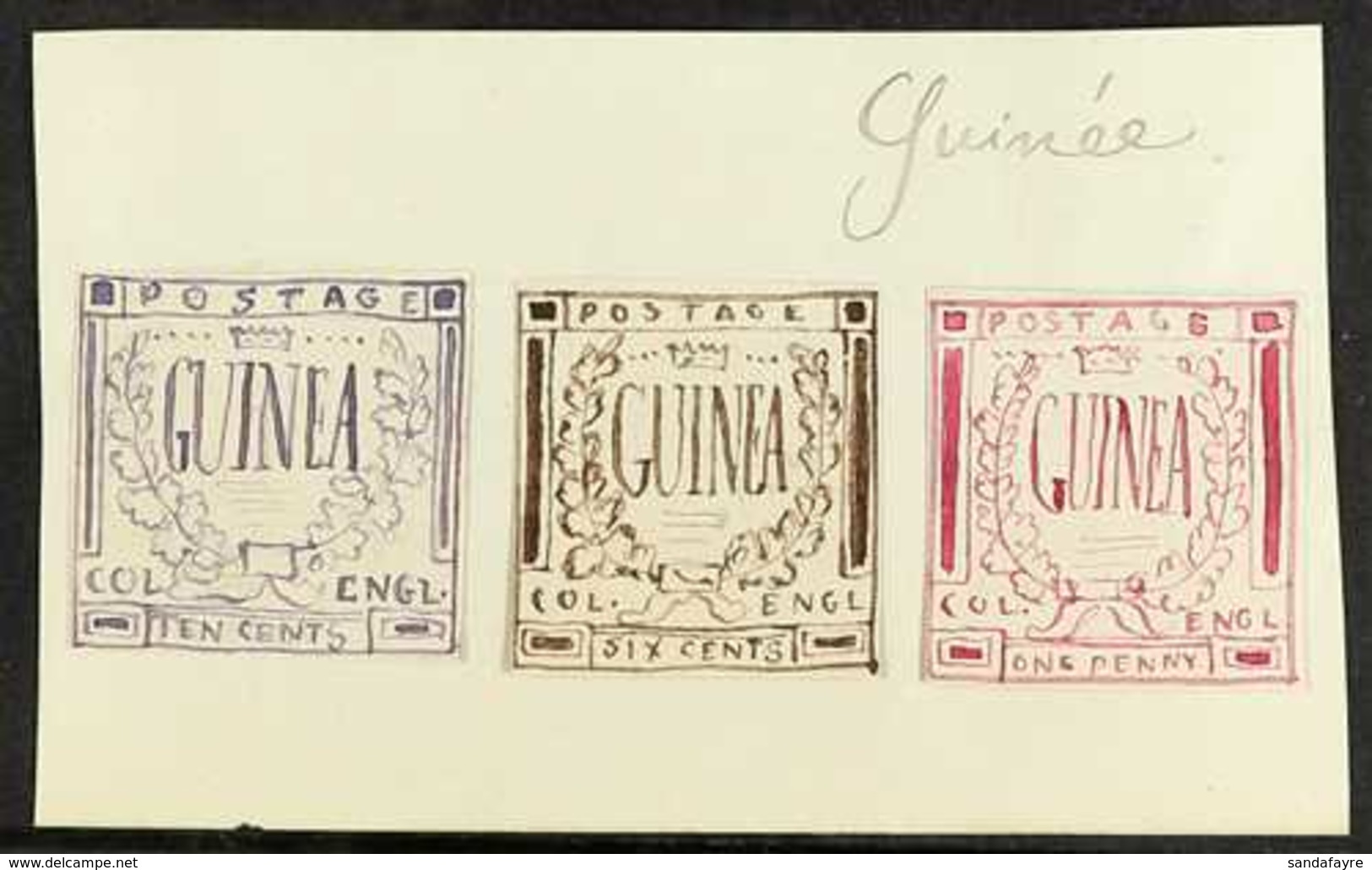 ORIGINAL ARTWORK 1861 Hand-painted, Stamp Sized Essays Produced In France, Inscribed "GUINEA" In A Crown & Laurel Design - Guinee (1958-...)