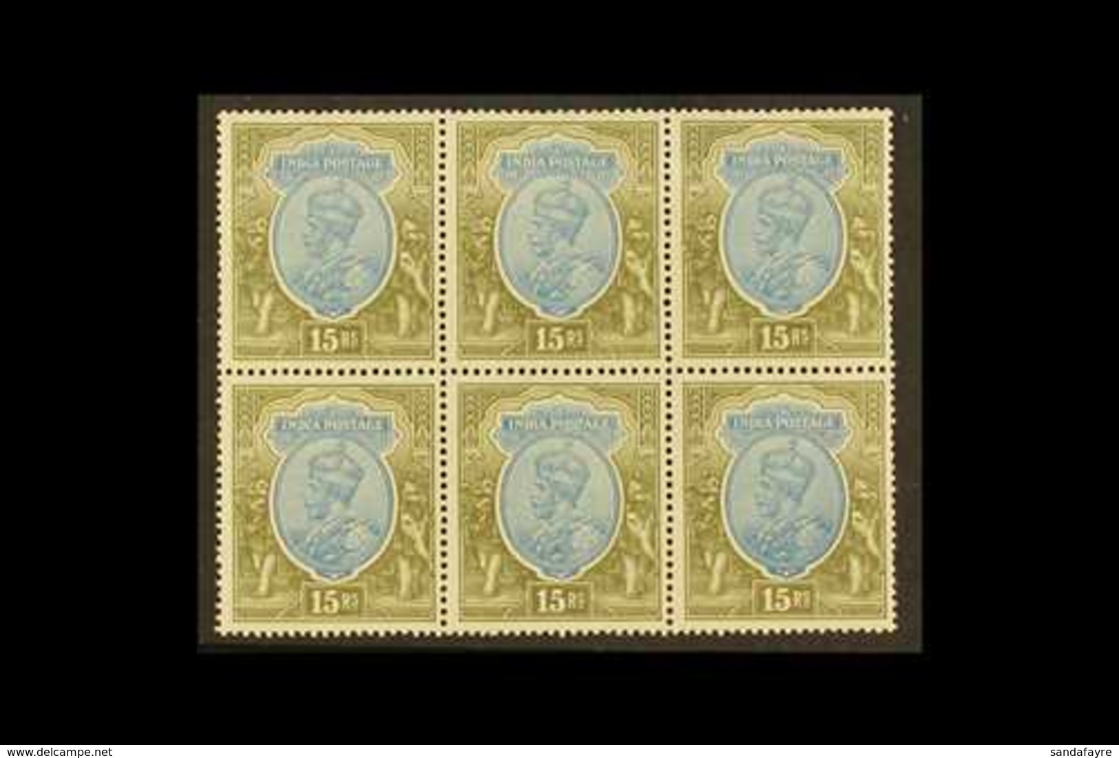 1926-33 15r Blue And Olive, Wmk Multiple Stars Upright, SG 218, Mint BLOCK OF SIX, All Never Hinged, Some Mild Gum Disco - Autres & Non Classés