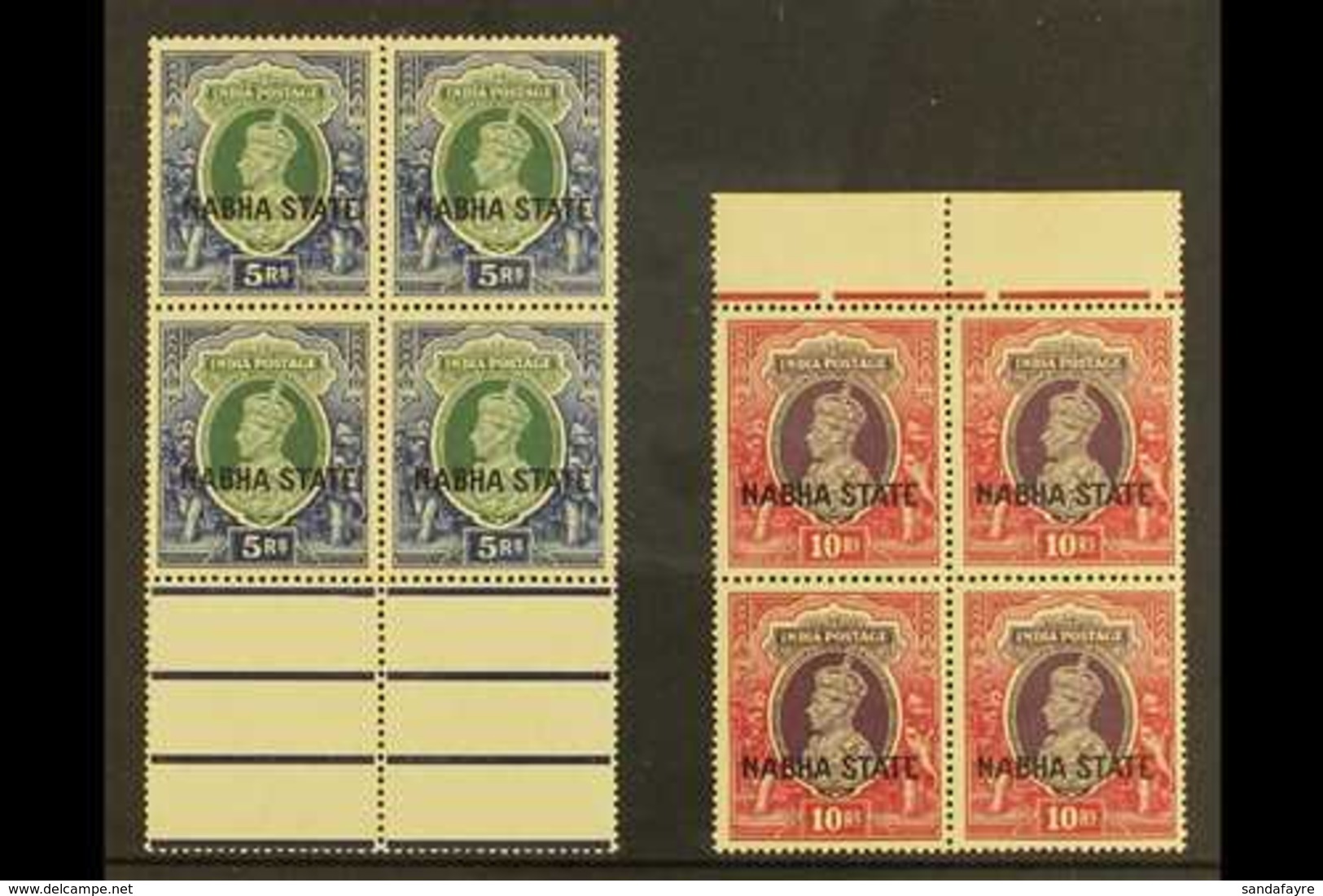 NABHA 1938 5r Green & Blue & 10r Purple & Claret Marginal BLOCKS Of 4, SG 91/92, Never Hinged Lightly Toned Mint (2 Bloc - Autres & Non Classés