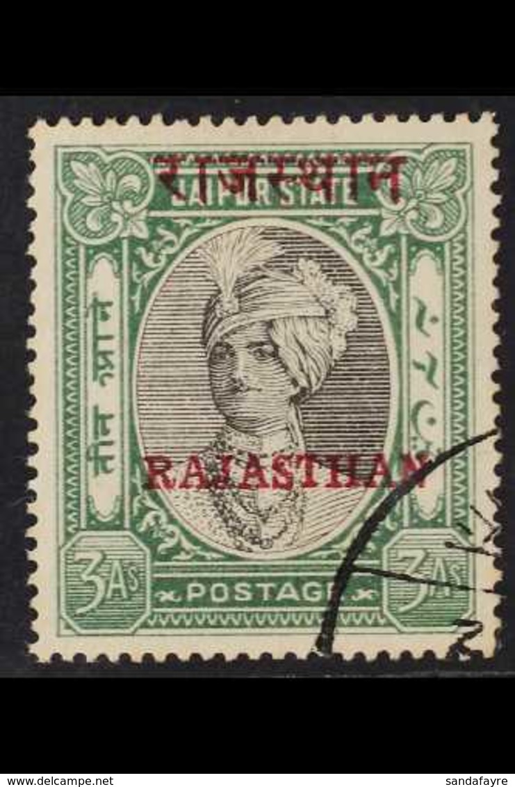 RAJASTHAN 1950 3a Black & Green Overprint On Jaipur, SG 21, Very Fine Used With Corner Cds Cancel, Fresh. For More Image - Andere & Zonder Classificatie